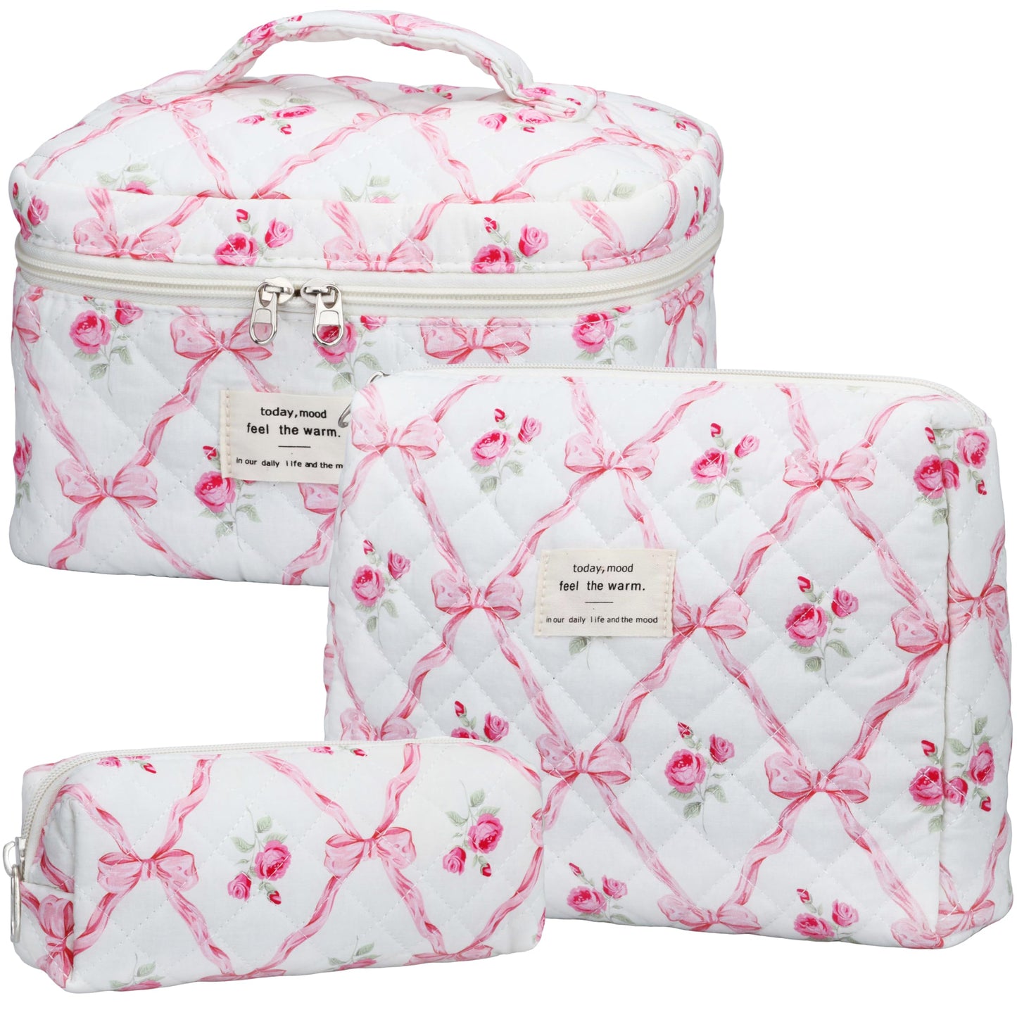 Quilted 3-Piece Makeup Bag Set – Large Coquette Aesthetic Cotton Cosmetic and Travel Toiletry Organizers