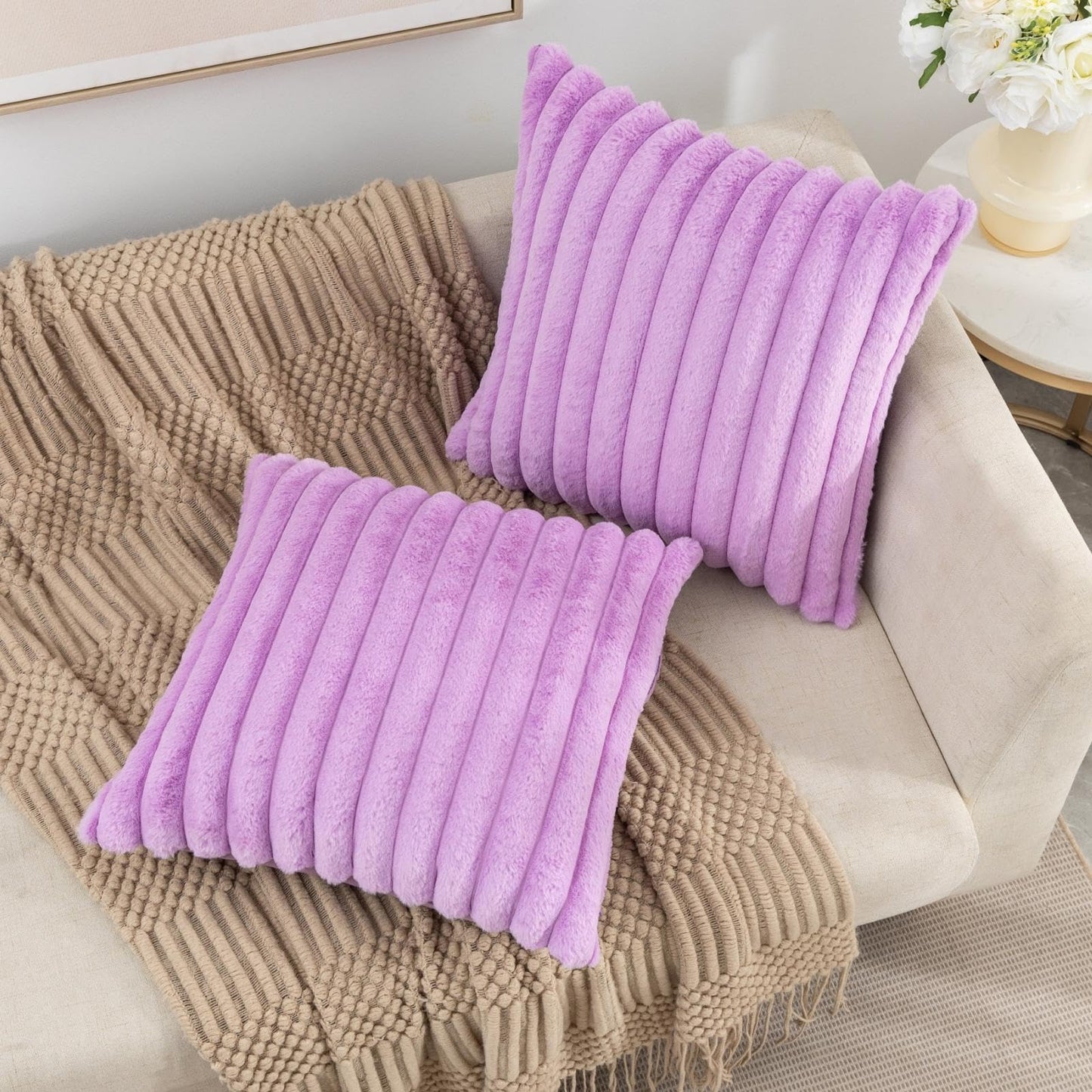 Set of 2 Fluffy Faux Fur Striped Pillow Covers – Decorative Cushion Cases