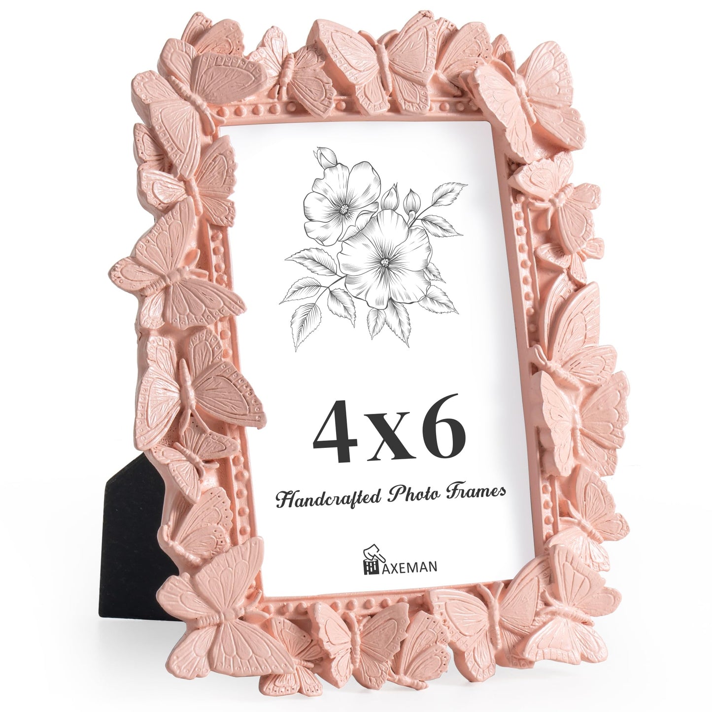 Picture Frame with High Tempered Glass, Butterfly Textured Hand-Crafted Resin Cute Photo Frame with Easel & Hook for Tabletop & Wall Display