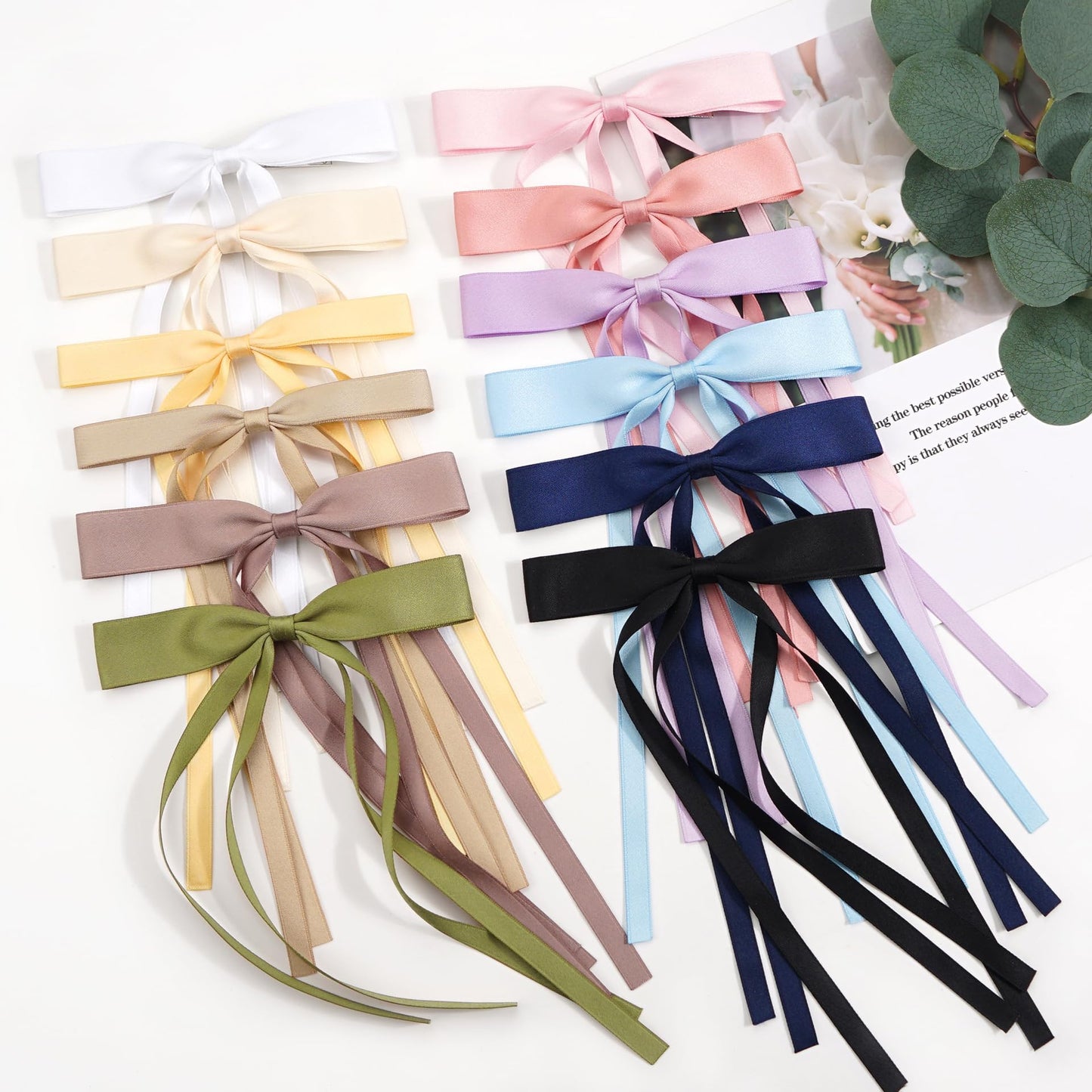 Satin 4-Piece Hair Ribbon Clips for Women and Girls – Pink and Beige Long Tail Bow Hair Accessories