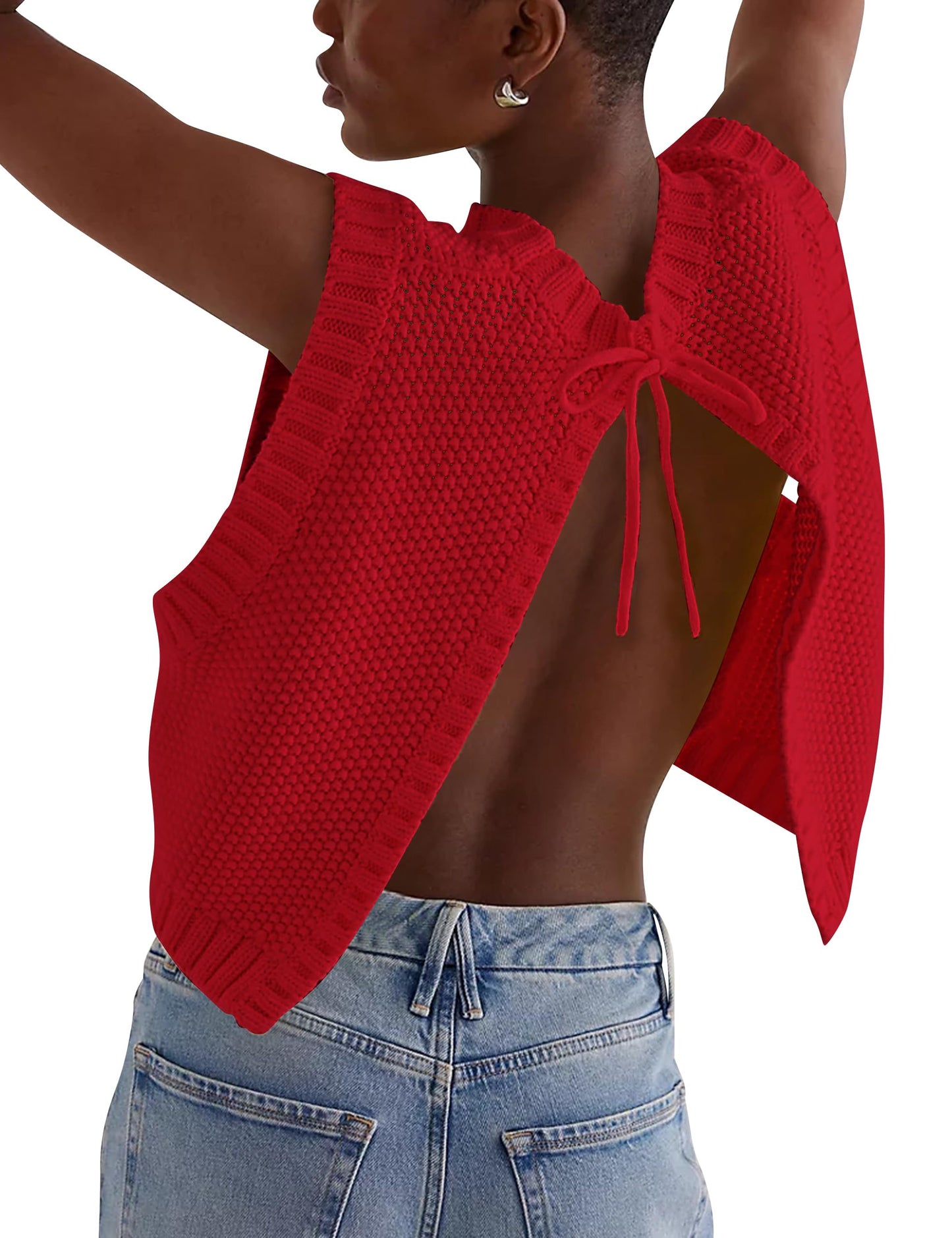 Y2K Backless Tie Up Knit Crop Sweater Vest Sleeveless Round Neck Split Open Back Pullover