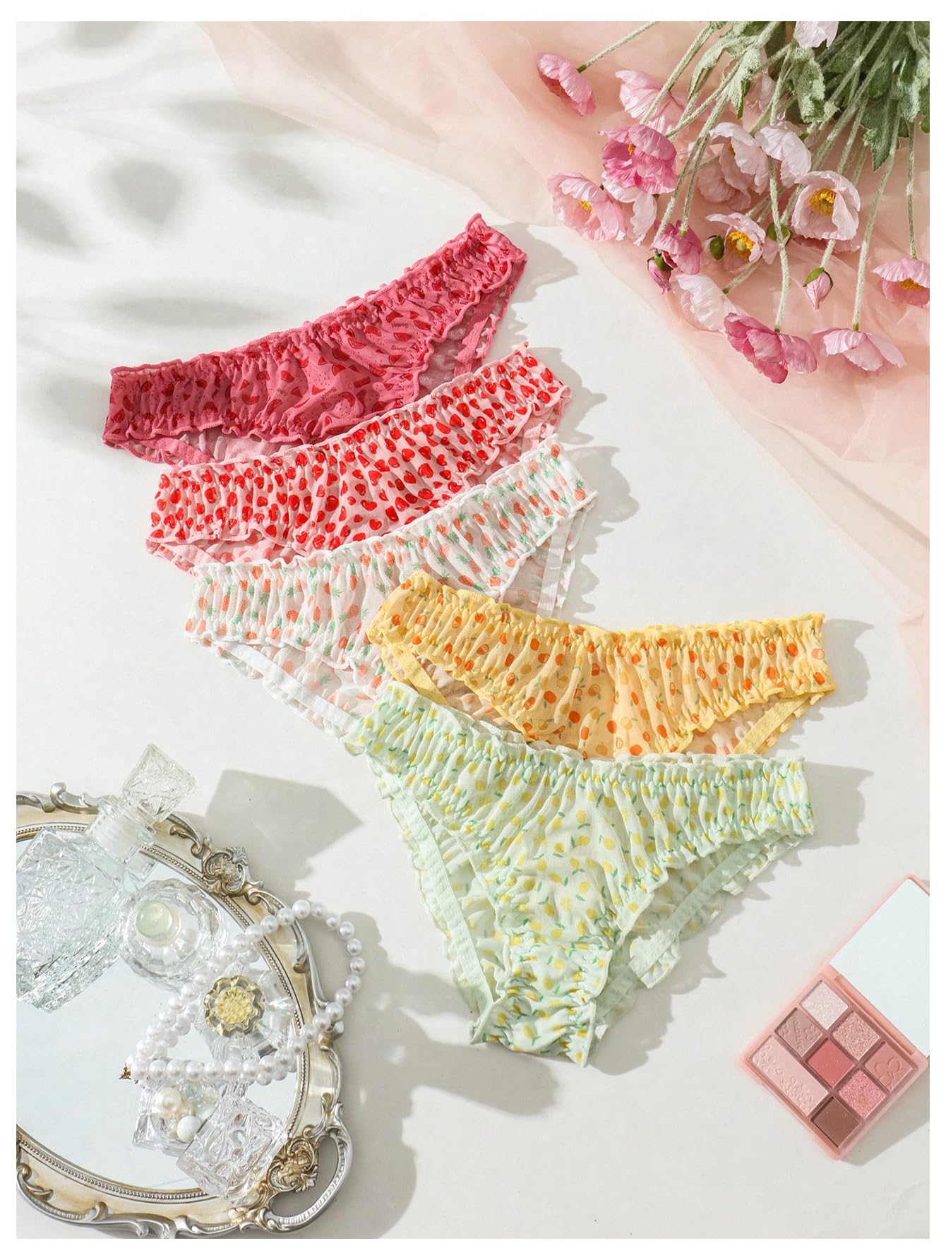 Women's 5pack Floral Print Low Rise Panty Set Frill Trim Textured Soft Underwear