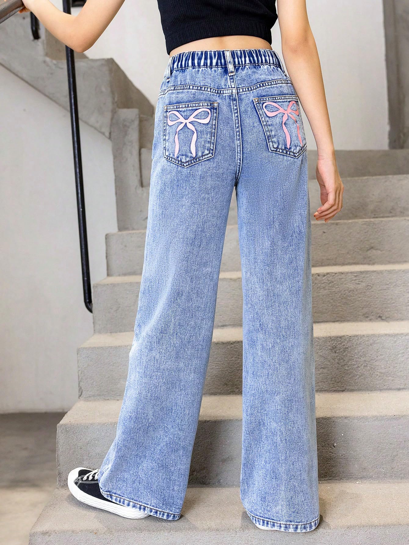 Girl's Bow Print Back Zipper Fly Elastic High Waist Denim Pants Basic Wide Leg Jeans