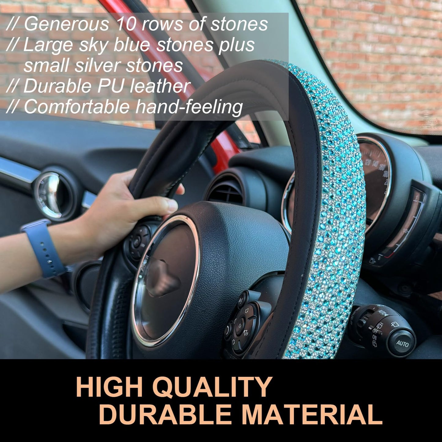 Universal Bling Bling Comfy Steering Wheel Cover with Jumbo Crystal Rhinestones, Anti-Slip Diamond Leather, 14.5-15 Inch