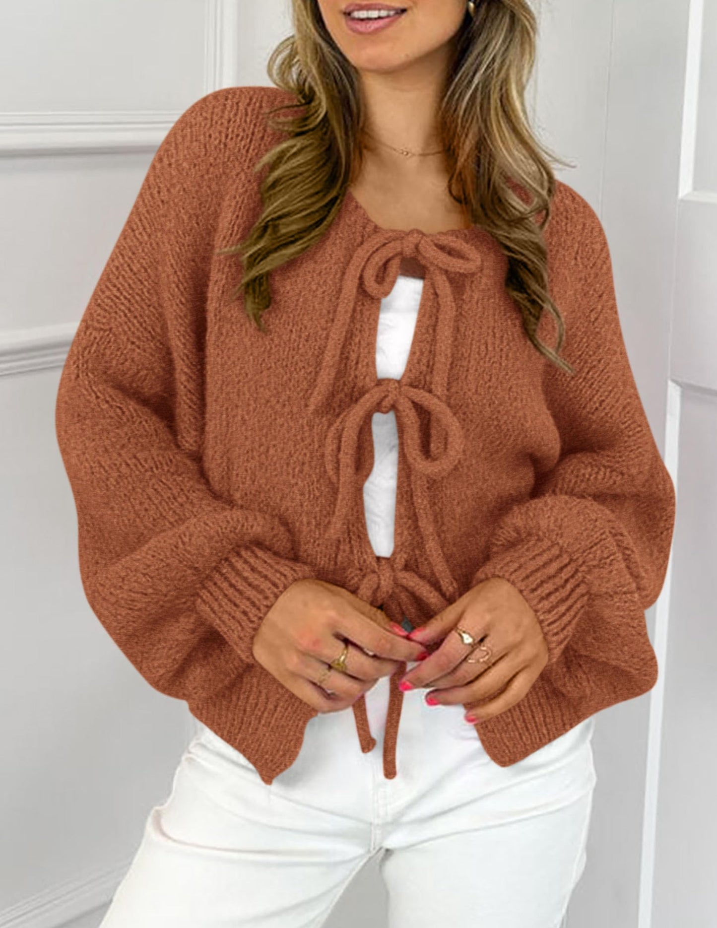 Women's Tie Front Bow Cardigan Sweaters Chunky Knit Long Puff Sleeve