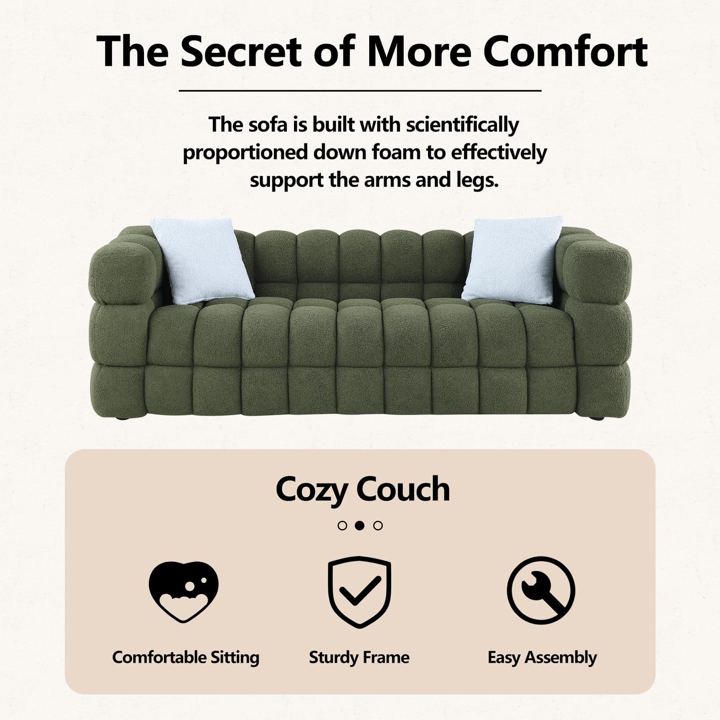 Modern Sofa Couch with Metal Legs Upholstered Tufted 3 Seater Couch with 2 Pillows Decor