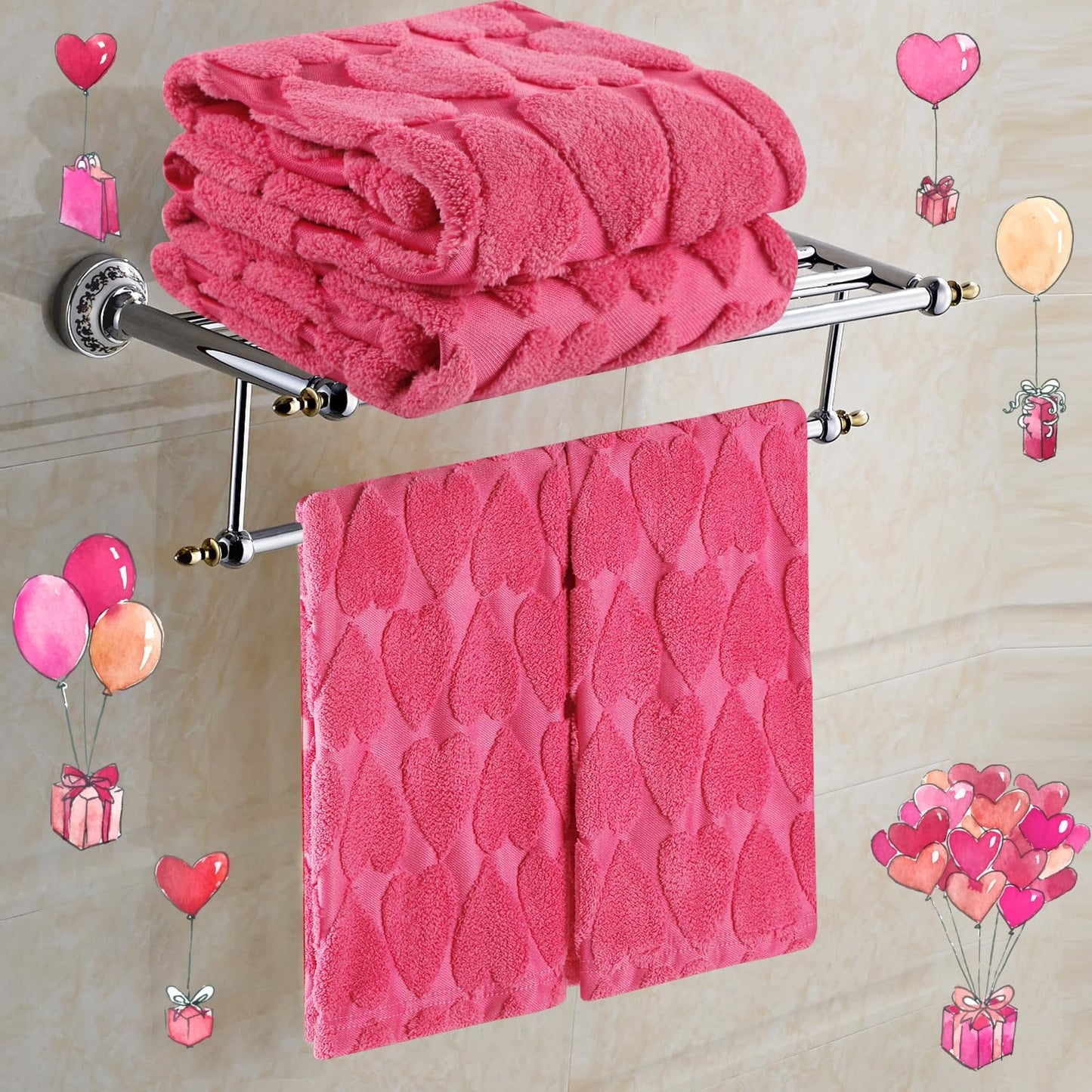 Heart Hand Towels Pale Red Bathroom Decorative Towels Set 13.7'' x 29.5''