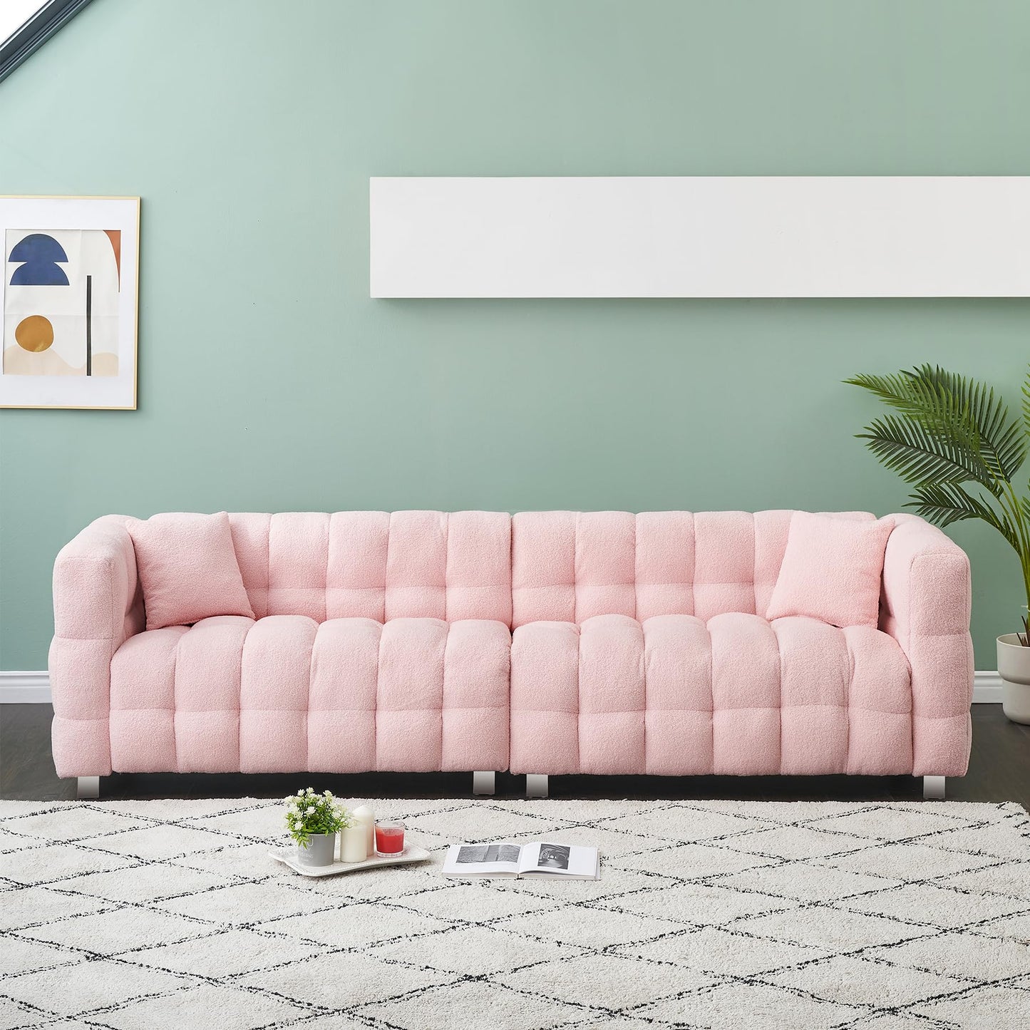 Modern Sofa Couch with Metal Legs Upholstered Tufted 3 Seater Couch with 2 Pillows Decor