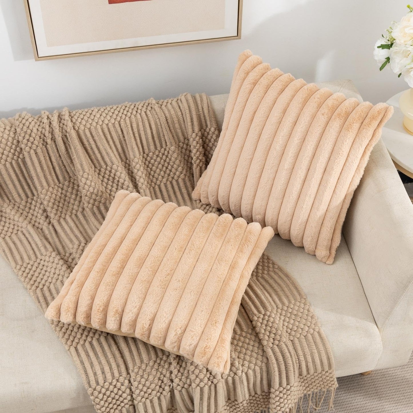 Set of 2 Fluffy Faux Fur Striped Pillow Covers – Decorative Cushion Cases