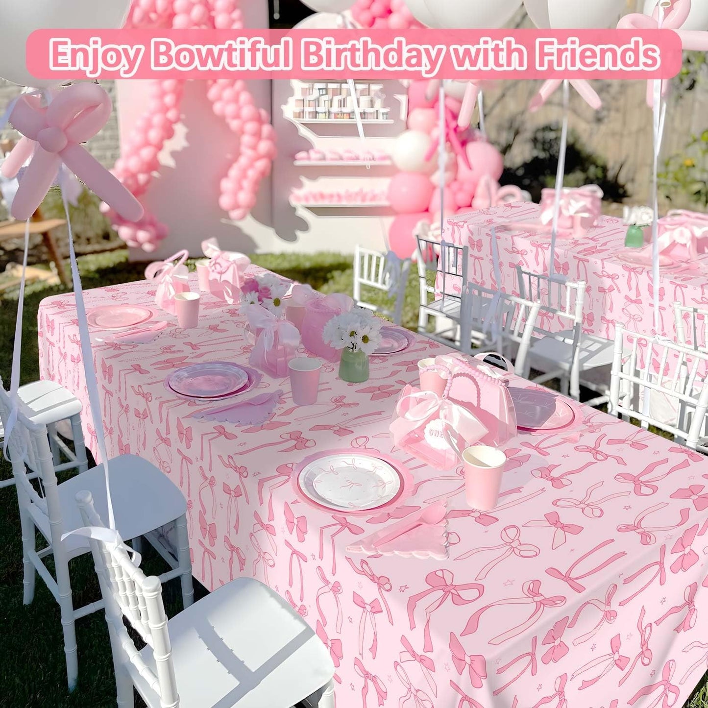 Coquette Birthday Decorations Tablecloths, Pink Bow Large Size Rectangle Table Cloths 54 x 108 Inch 3Pcs