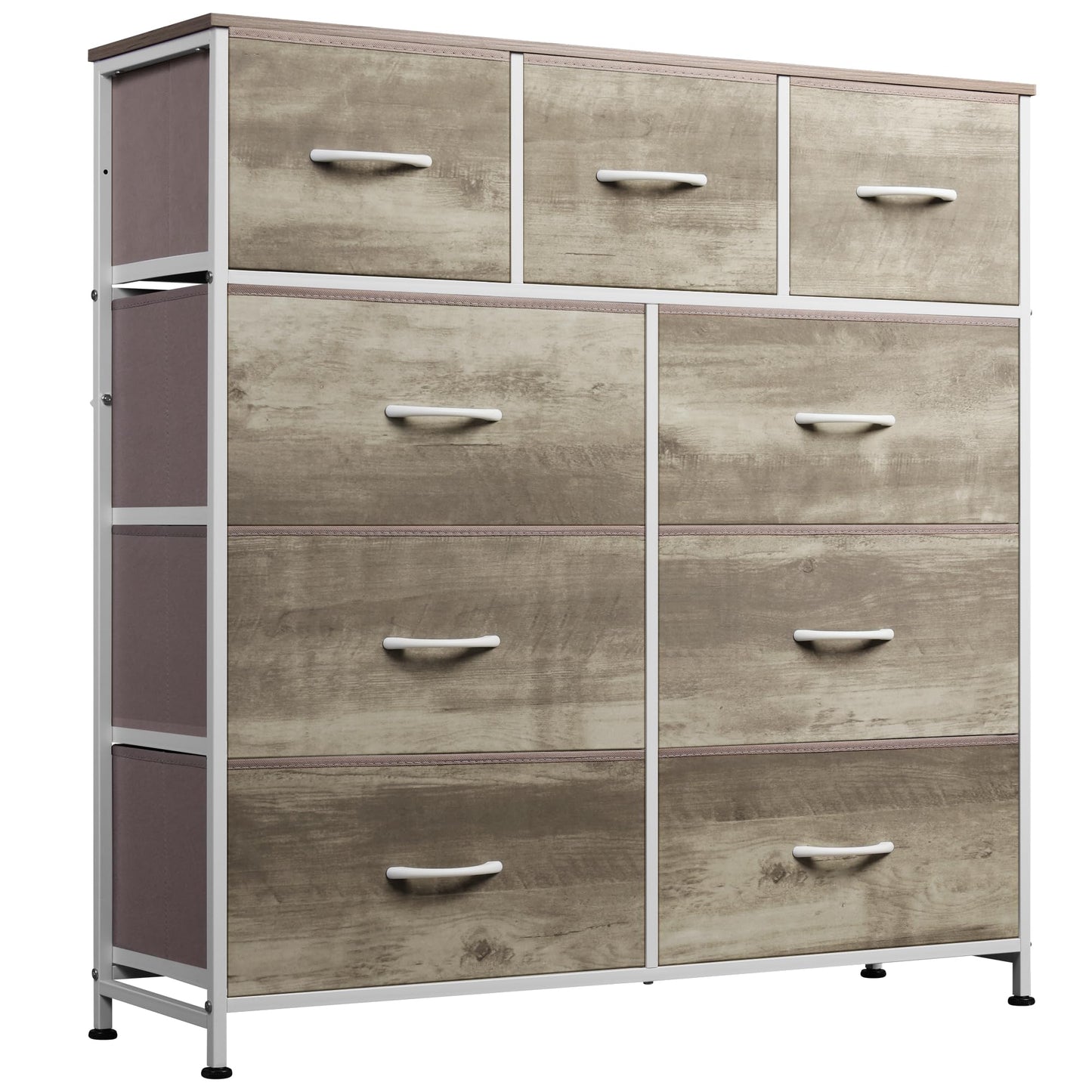 Drawer Fabric 9 Dresser – Tall Storage Tower with Bins, Steel Frame, and Wood Top