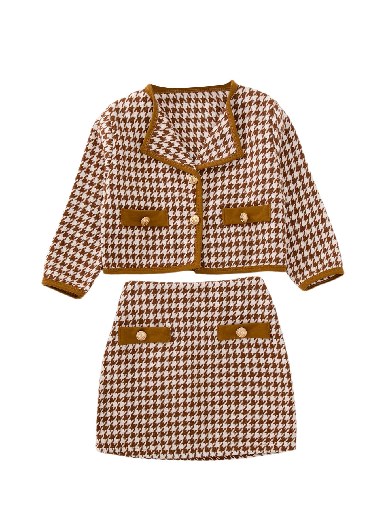 Girl's 2 Piece Houndstooth Button Front Long Sleeve Round Neck Jacket and Skirt Outfits Set