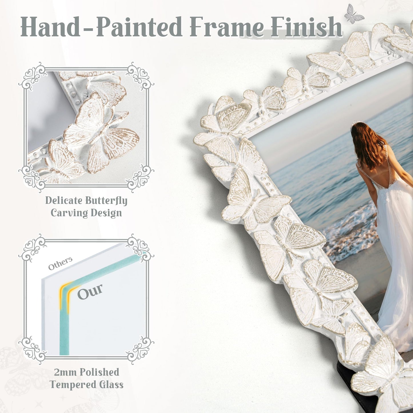 Picture Frame with High Tempered Glass, Butterfly Textured Hand-Crafted Resin Cute Photo Frame with Easel & Hook for Tabletop & Wall Display