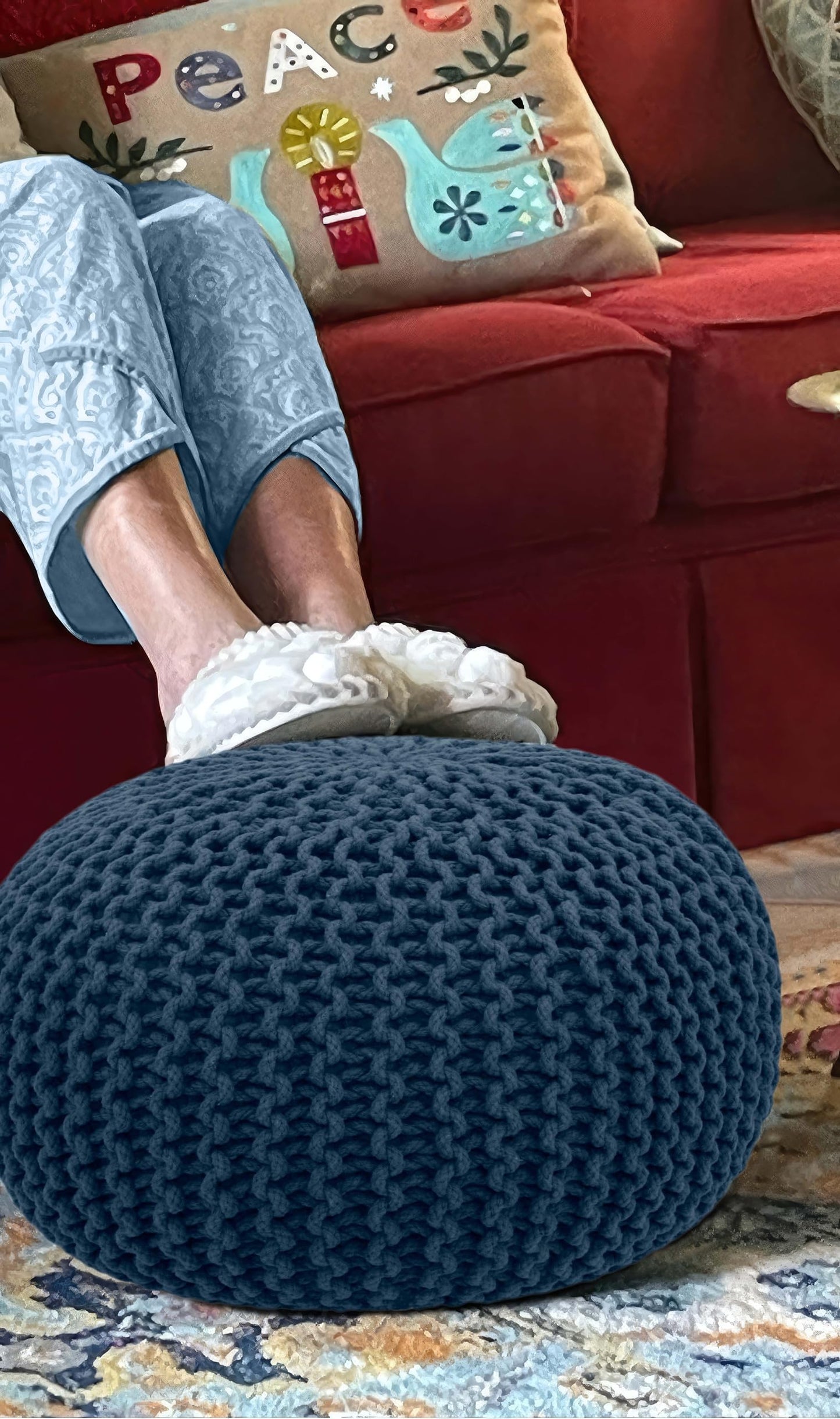 Hand-Knitted Cotton Round Pouf – Braid Cord Ottoman, Footrest, and Accent Seat for Living Room, Nursery, Kids Room, or Dorm Décor – 20x14