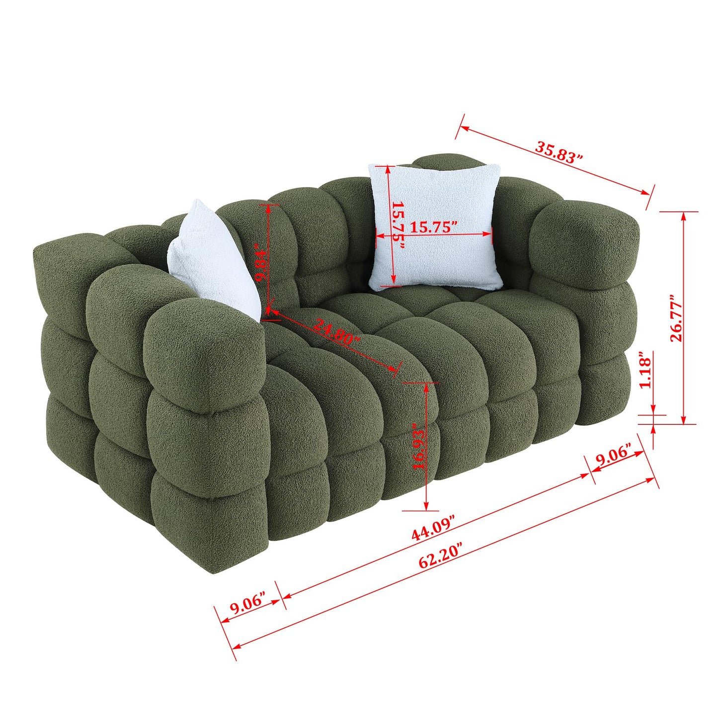 Modern Sofa Couch with Metal Legs Upholstered Tufted 3 Seater Couch with 2 Pillows Decor