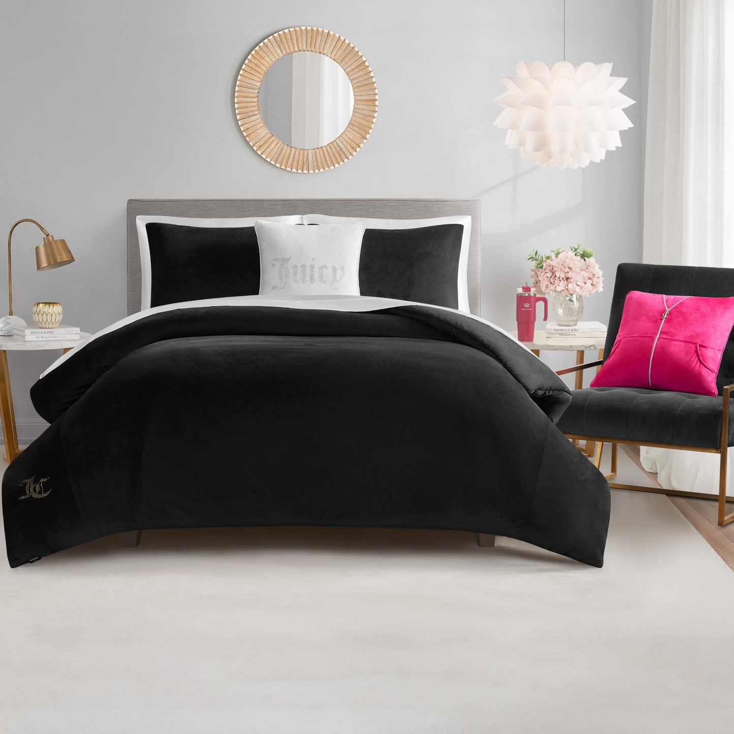 Juicy Couture Solid Velour 3-Piece King Comforter Set – Luxurious Bedding Ensemble