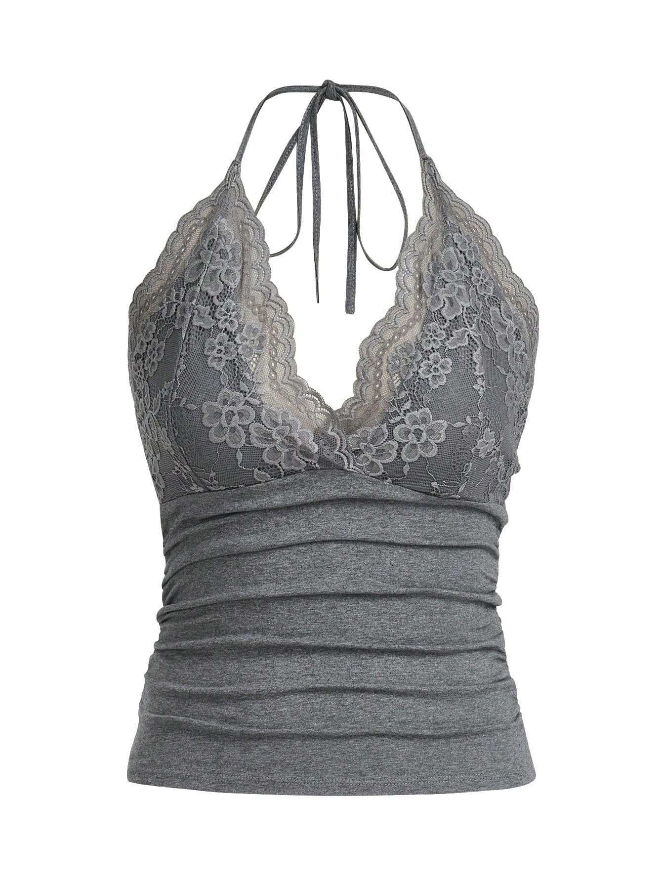 Women's Halter Top Y2K Lace V Neck Ruched Low Cut