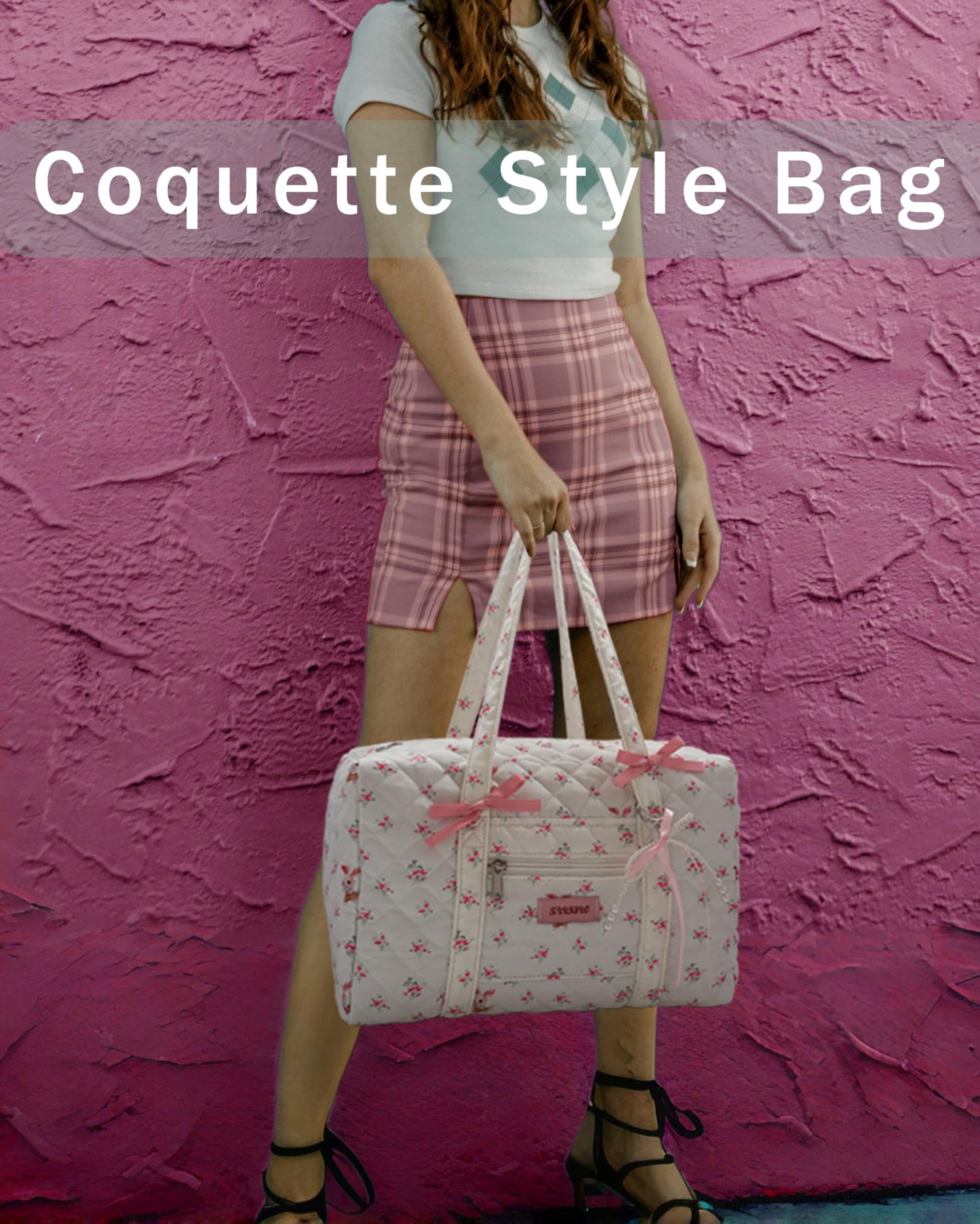 Coquette Aesthetics Quilted Puffer Floral Travel Duffel Bag Shoulder Purse Carry on