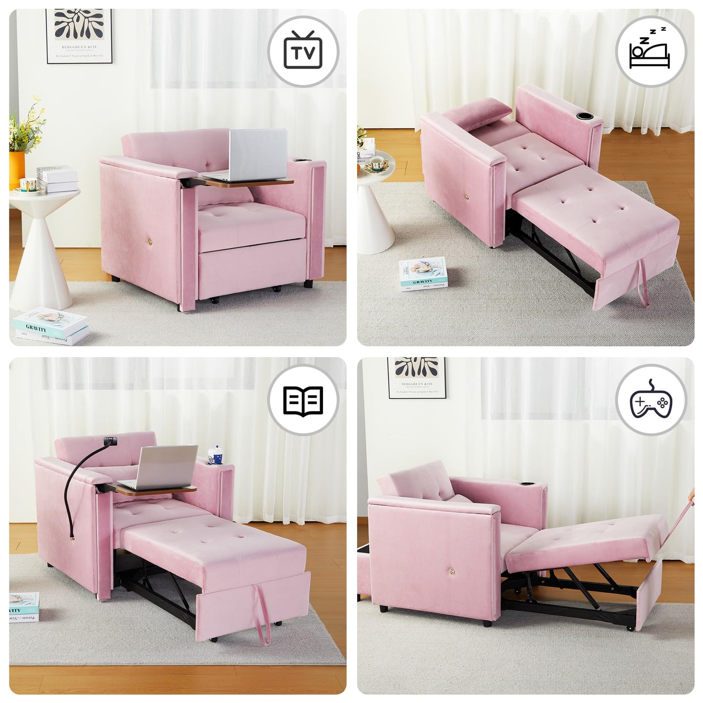 Pink Velvet Convertible Chair Bed, 3 in 1 Multi-Functional Lounge Chair Sleeper, Pull Out Couch Guest Bed with Hidden Table and Adjustable Backrest