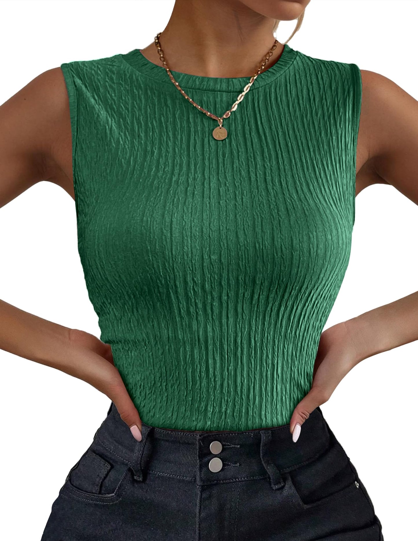 Women's High Neck Tank Top Ribbed Knit Slim Fitted Basic Textured Sleeveless Shirts