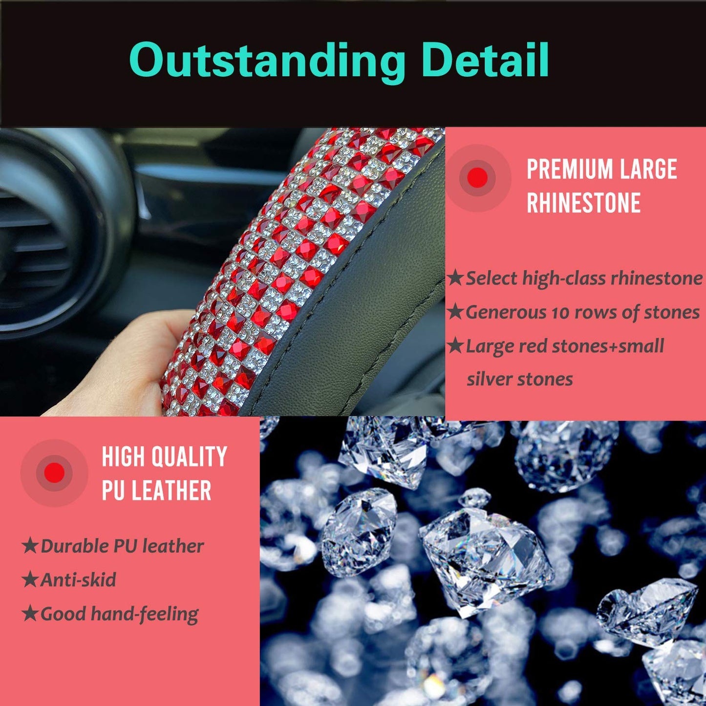 Universal Bling Bling Comfy Steering Wheel Cover with Jumbo Crystal Rhinestones, Anti-Slip Diamond Leather, 14.5-15 Inch