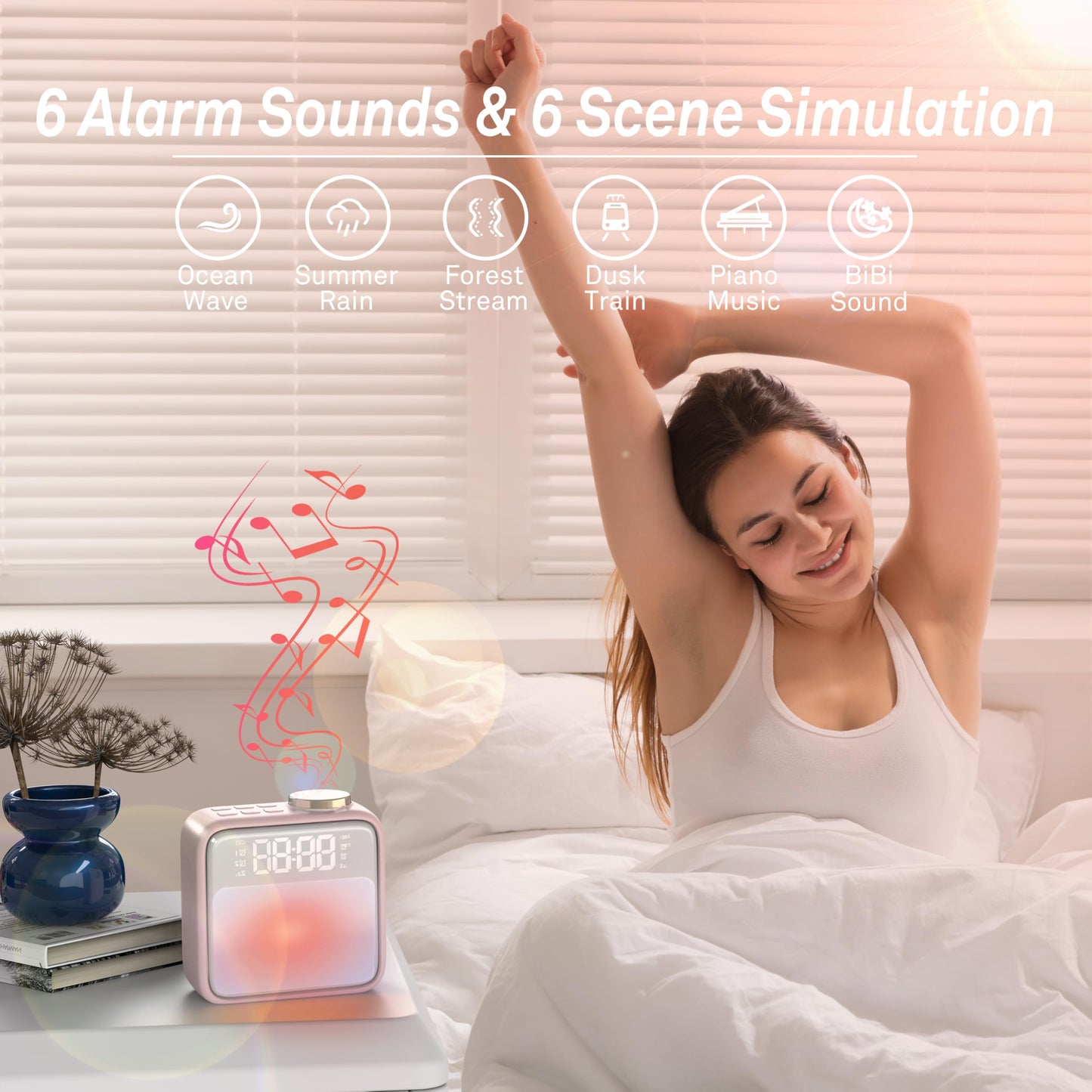 Rechargeable Alarm Clock with Night Light – Features Dual Alarms, Snooze Function, 6 Scene Simulations, and White Noise Sync