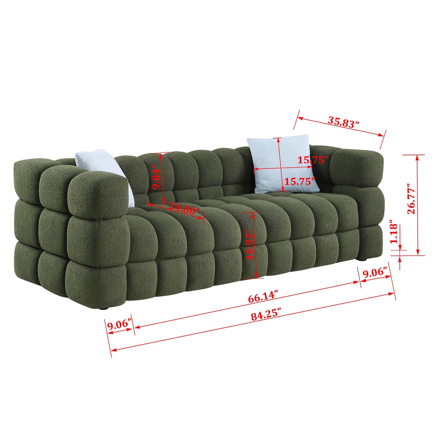 Modern Sofa Couch with Metal Legs Upholstered Tufted 3 Seater Couch with 2 Pillows Decor