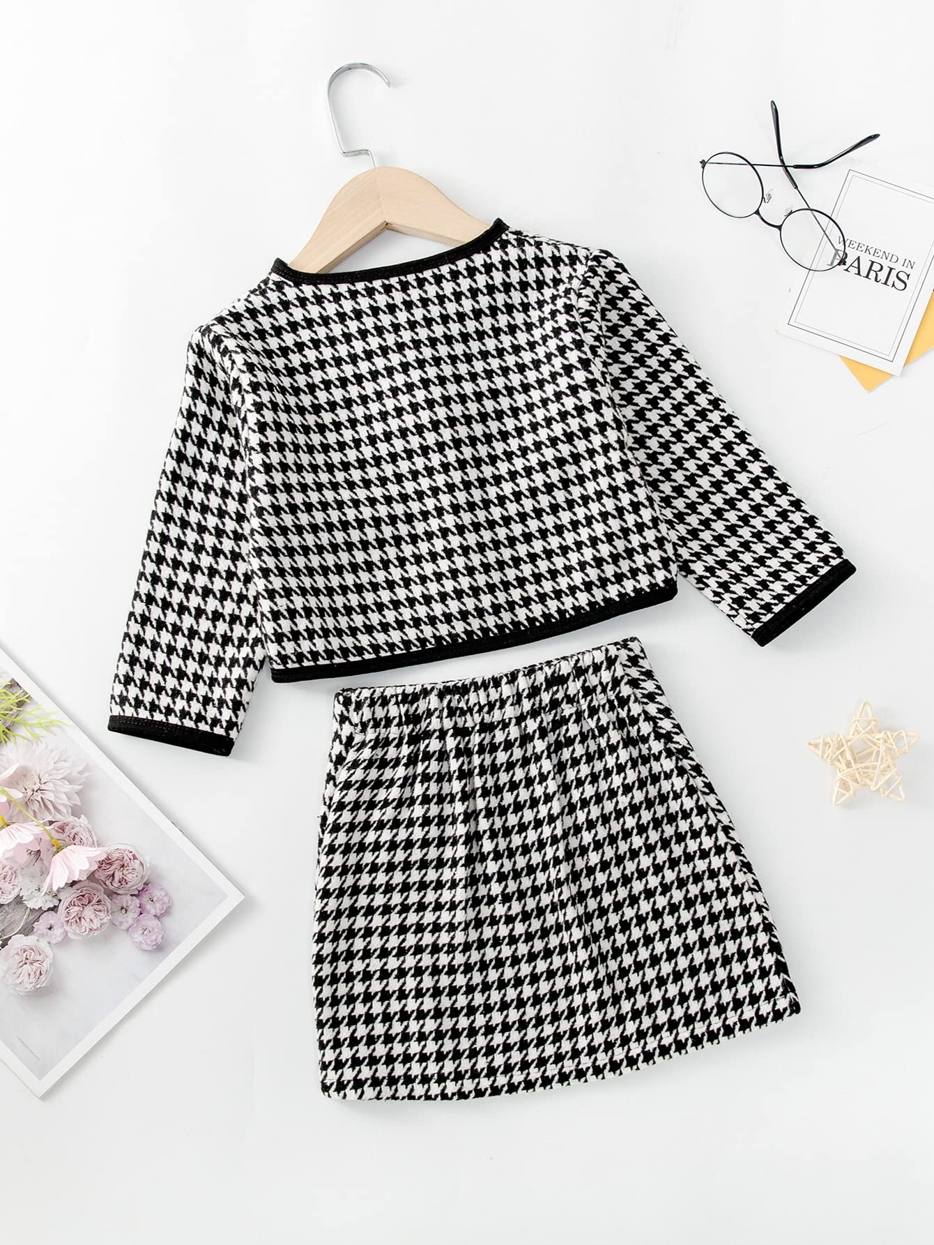 Girl's 2 Piece Houndstooth Button Front Long Sleeve Round Neck Jacket and Skirt Outfits Set