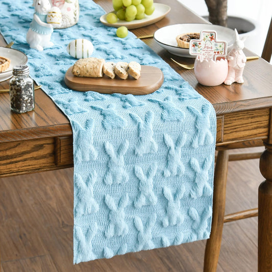 Seasonal Haze Blue Soft Plush Faux Fur Jacquard Bunny Rabbit Easter Table Runner, 13x72 Inch