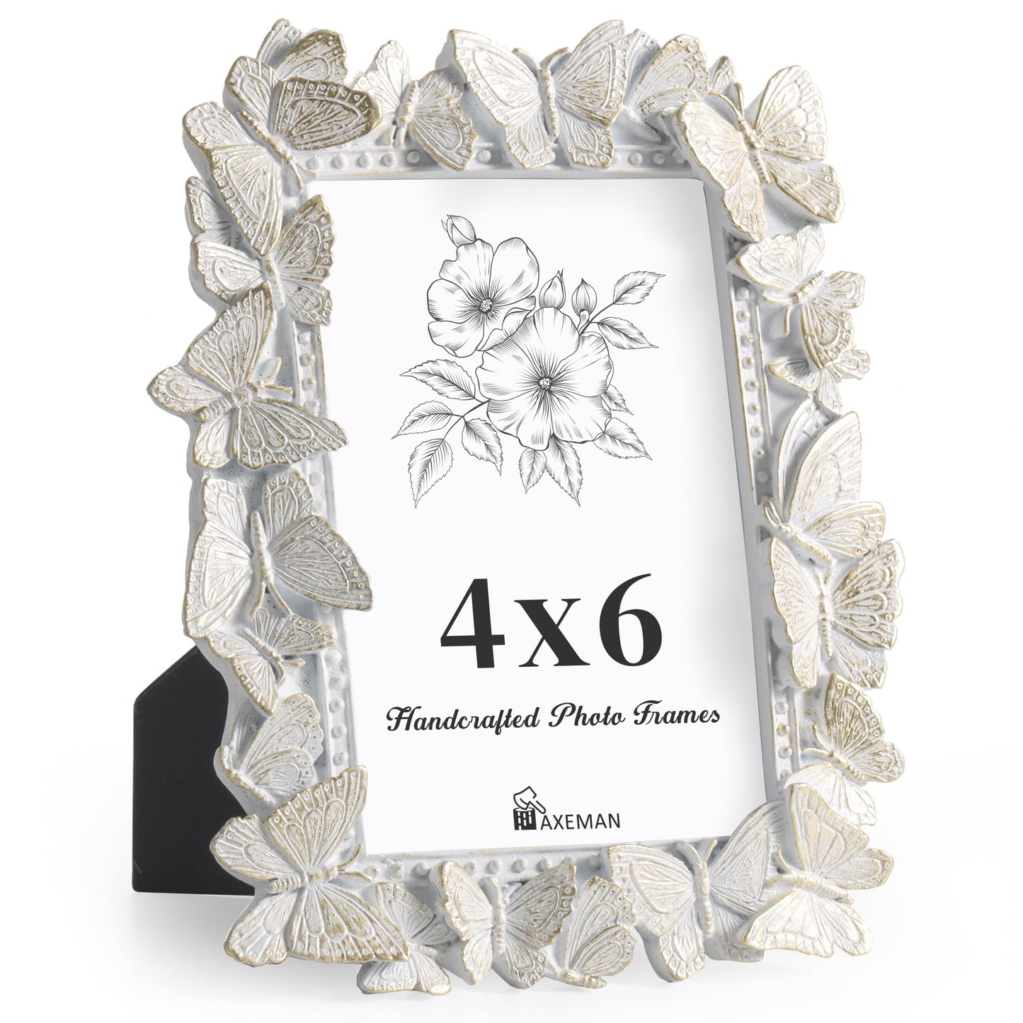 Picture Frame with High Tempered Glass, Butterfly Textured Hand-Crafted Resin Cute Photo Frame with Easel & Hook for Tabletop & Wall Display