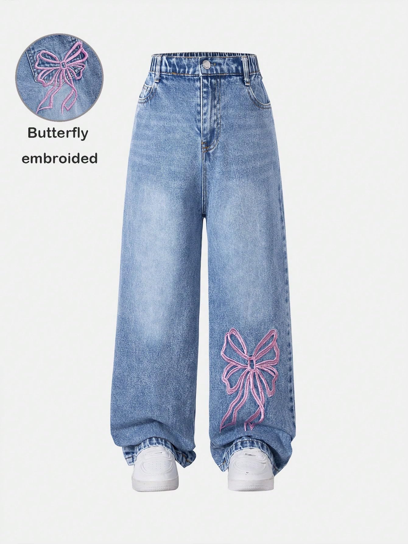 Girl's Bow Print Back Zipper Fly Elastic High Waist Denim Pants Basic Wide Leg Jeans