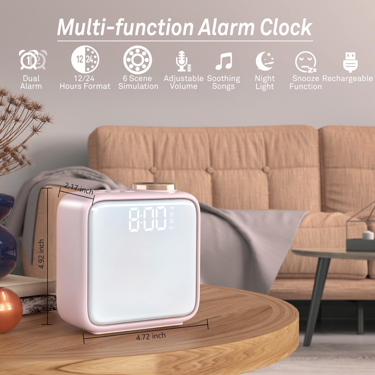 Rechargeable Alarm Clock with Night Light – Features Dual Alarms, Snooze Function, 6 Scene Simulations, and White Noise Sync