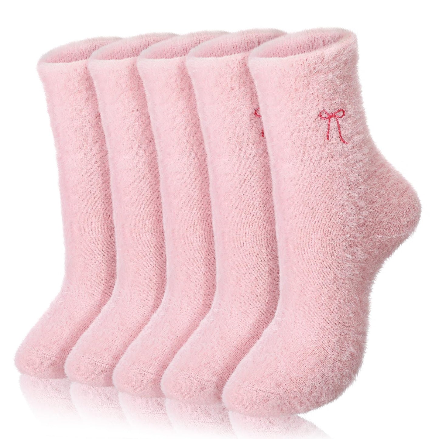 Women's Bow Fuzzy Socks Winter Crew Slipper Socks Coquette 5 Pcs