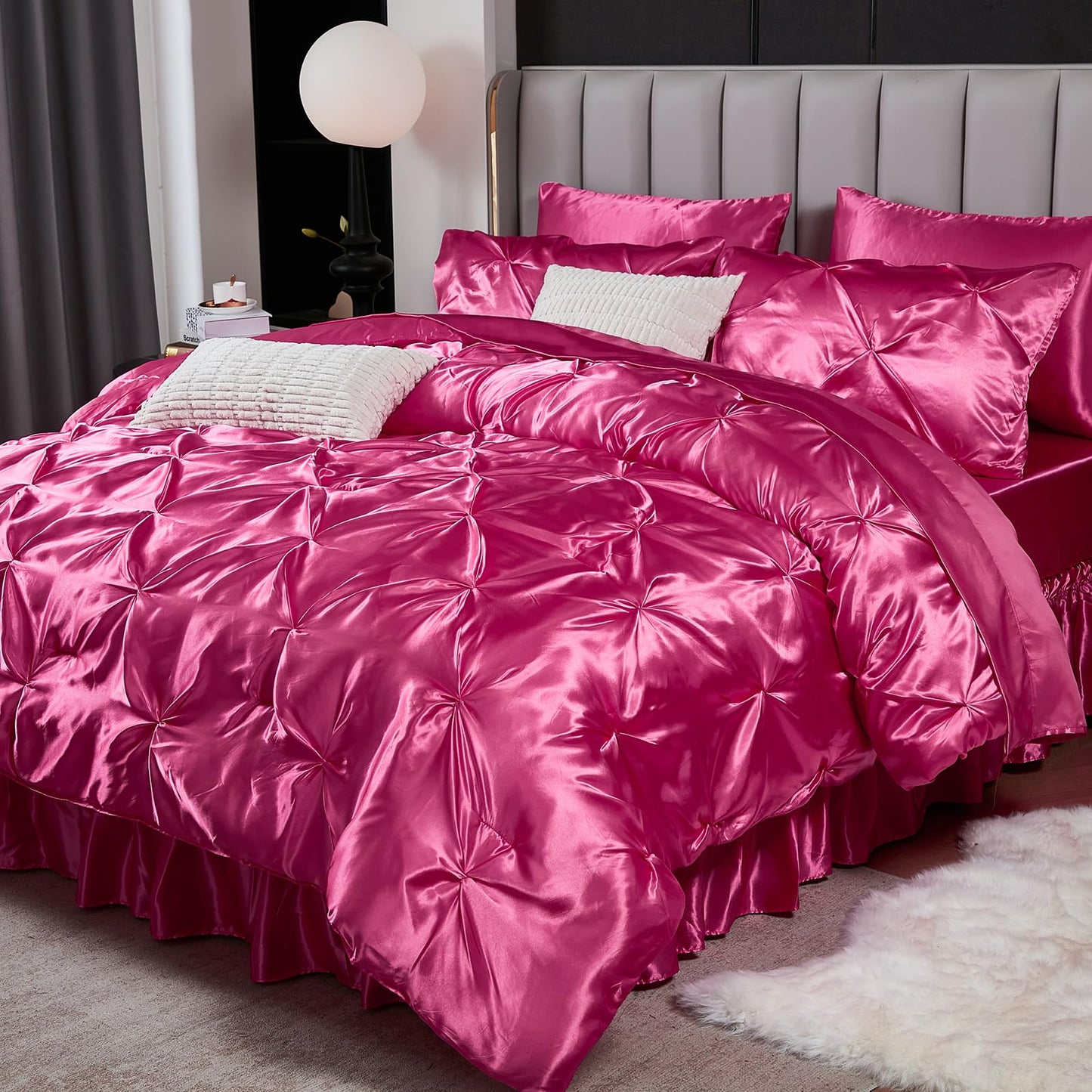 Pinch Pleat Bedding Set - Pin-tuck Luxury Bed Comforter Set 10 Pcs, Soft Silky Down Comforter Bed Set Satin with Sheets