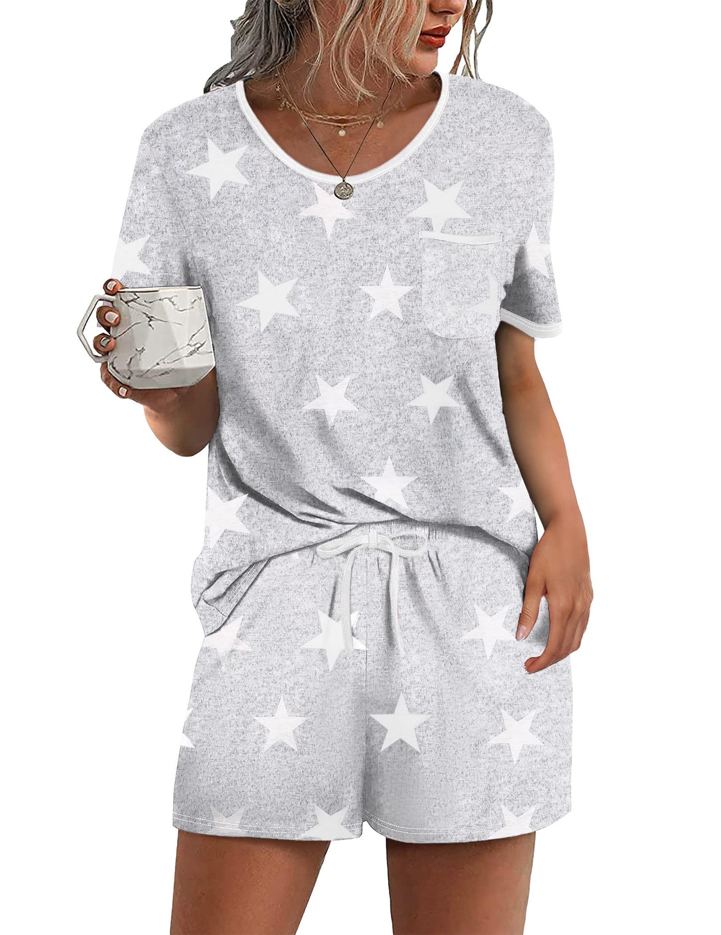 Pajama Set for 2 Piece Lounge Set Short Sleeve Tops and Shorts Soft Sleepwear, Chest Pocket