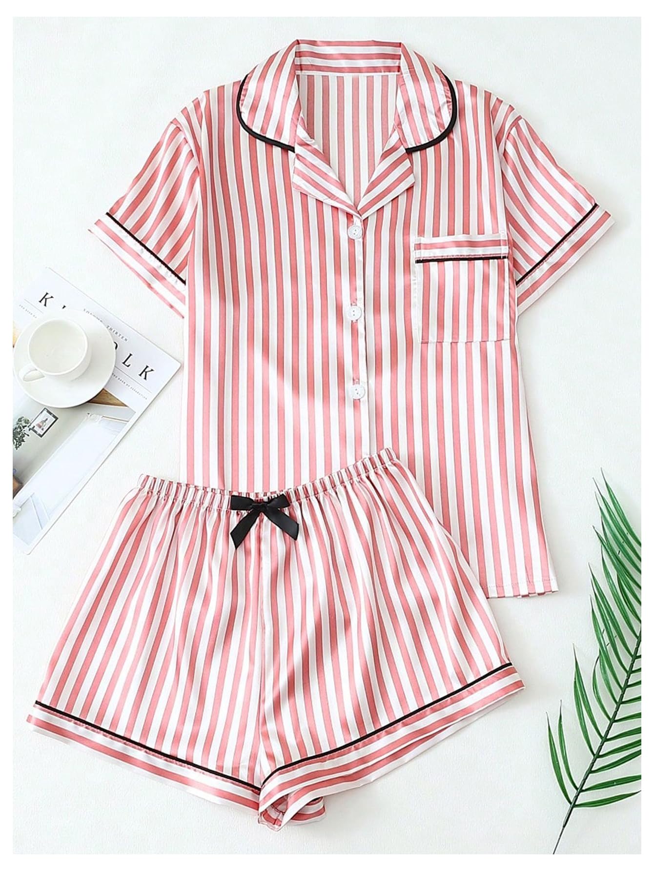 Coquette Bow Tie Women's 2 Piece Satin Striped Pajama Set Short Sleeve Button Down Top and Shorts Sleepwear