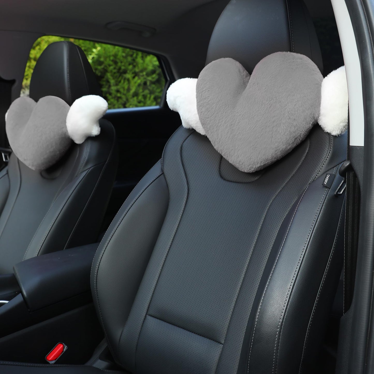 Heart Shaped Cute Car Headrest Pillow with Angel Wings - Comfortable Soft Head Rest Cushion Kawaii