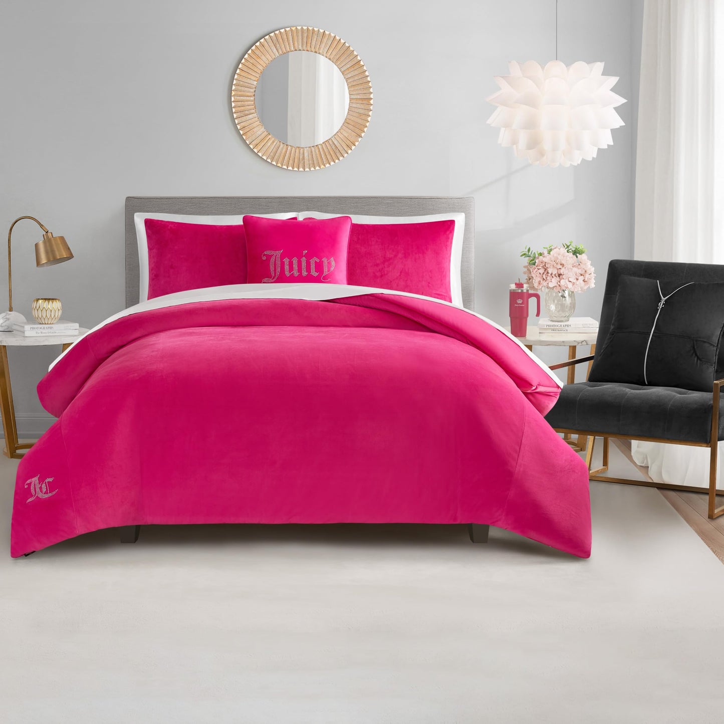 Juicy Couture Solid Velour 3-Piece King Comforter Set – Luxurious Bedding Ensemble