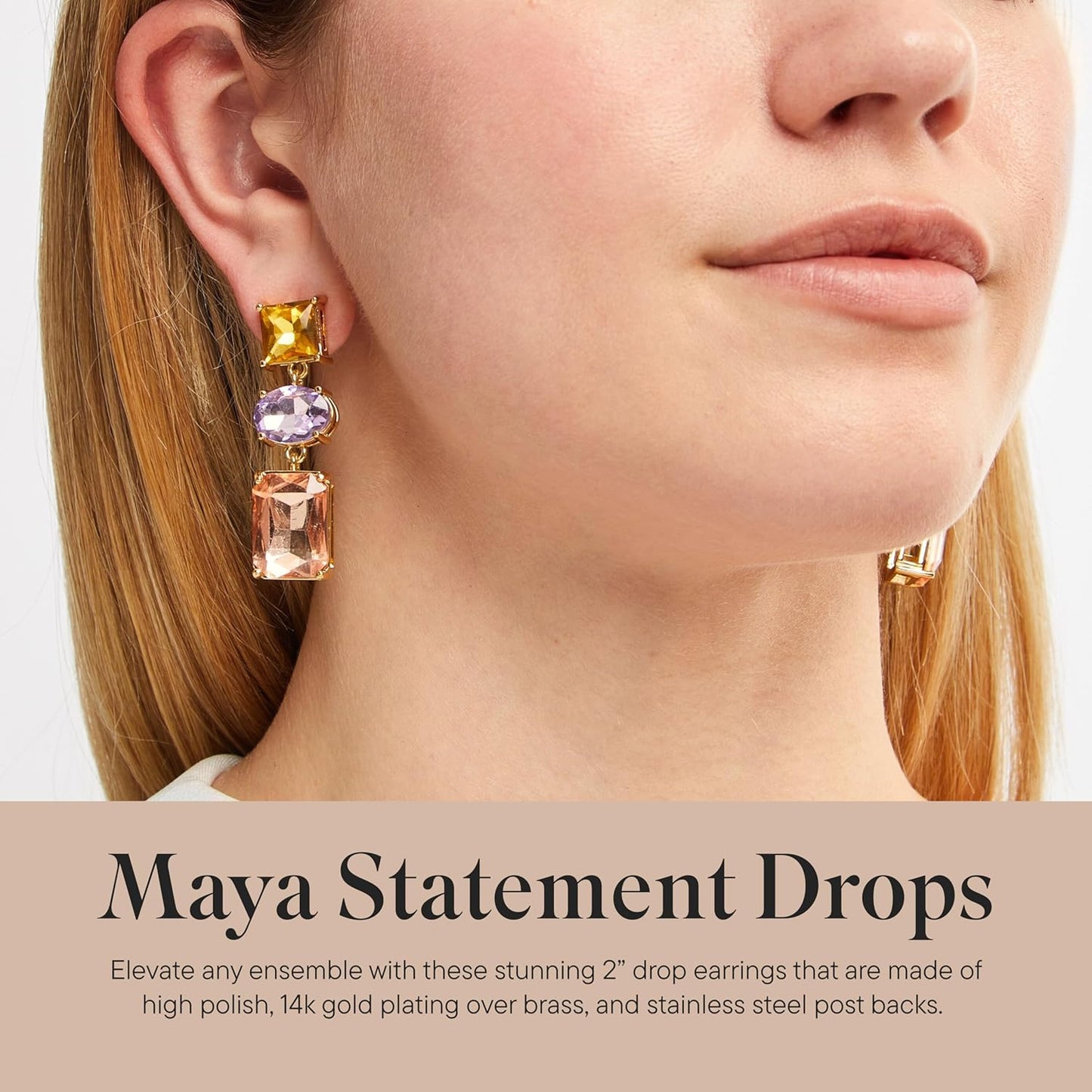 Rocksbox Maya Statement Earrings in Pink, Yellow & Purple - Gold Statement Earrings with Cubic Zirconia - 14k Gold Plating - Premium Quality Jewelry - 2"