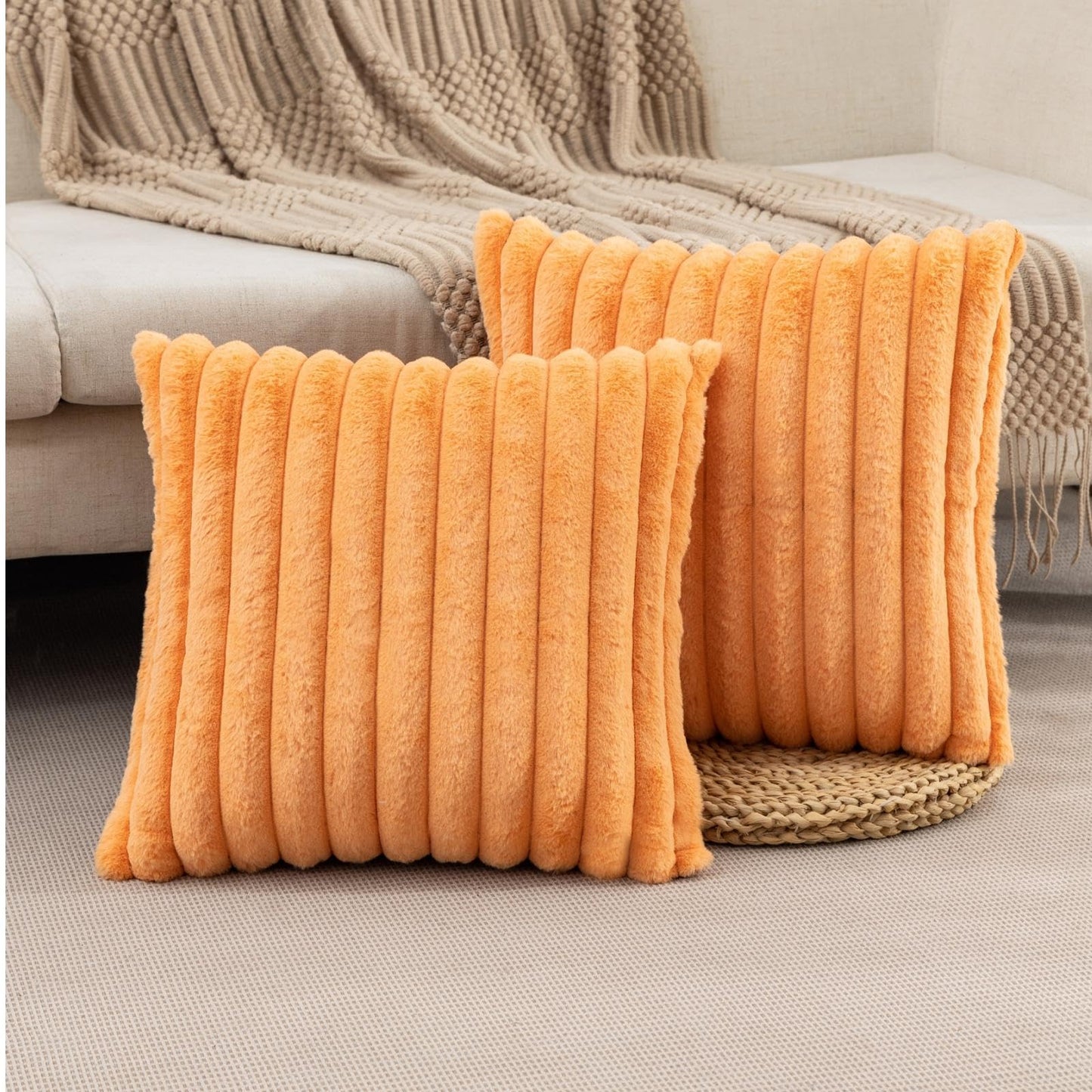 Set of 2 Fluffy Faux Fur Striped Pillow Covers – Decorative Cushion Cases