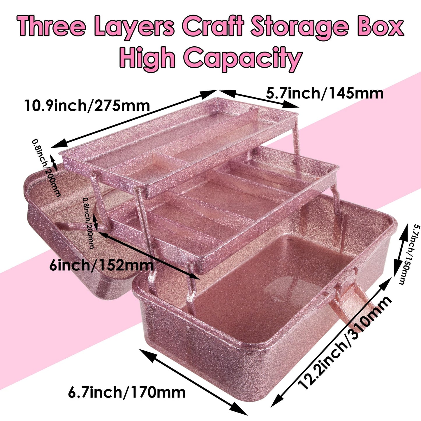 Glitter Pink Three-Layer Multipurpose Art&Craft Tool Storage Box