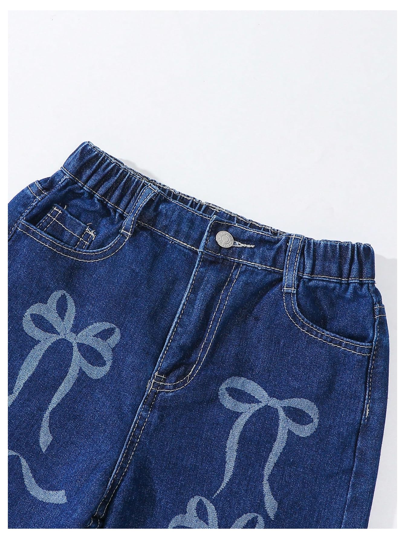 MakeMeChic Girl's Bow Knot Print Straight-Leg Loose-Fit Zip-Fly Cute Denim Jeans