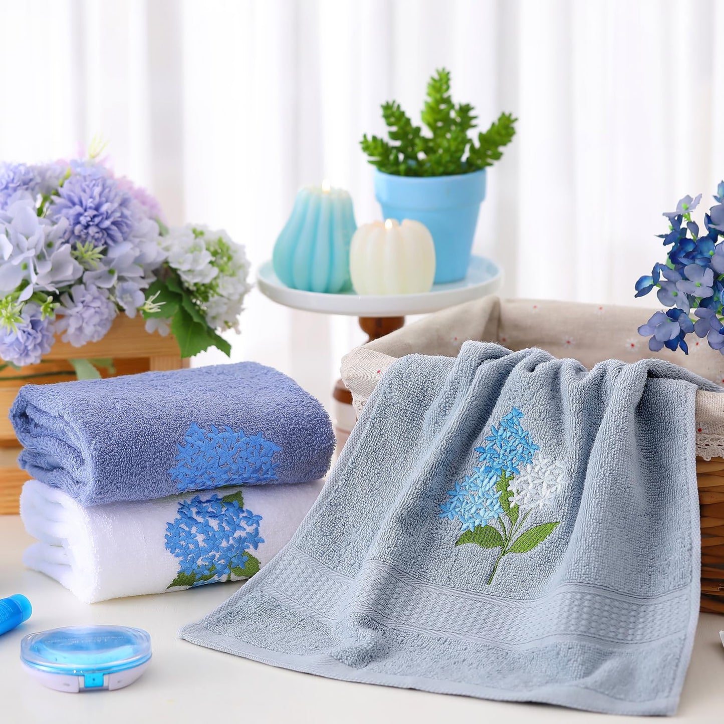 Embroidered Floral Hand Towels - Cute Summer Flowers Cotton Soft Absorbent Towels