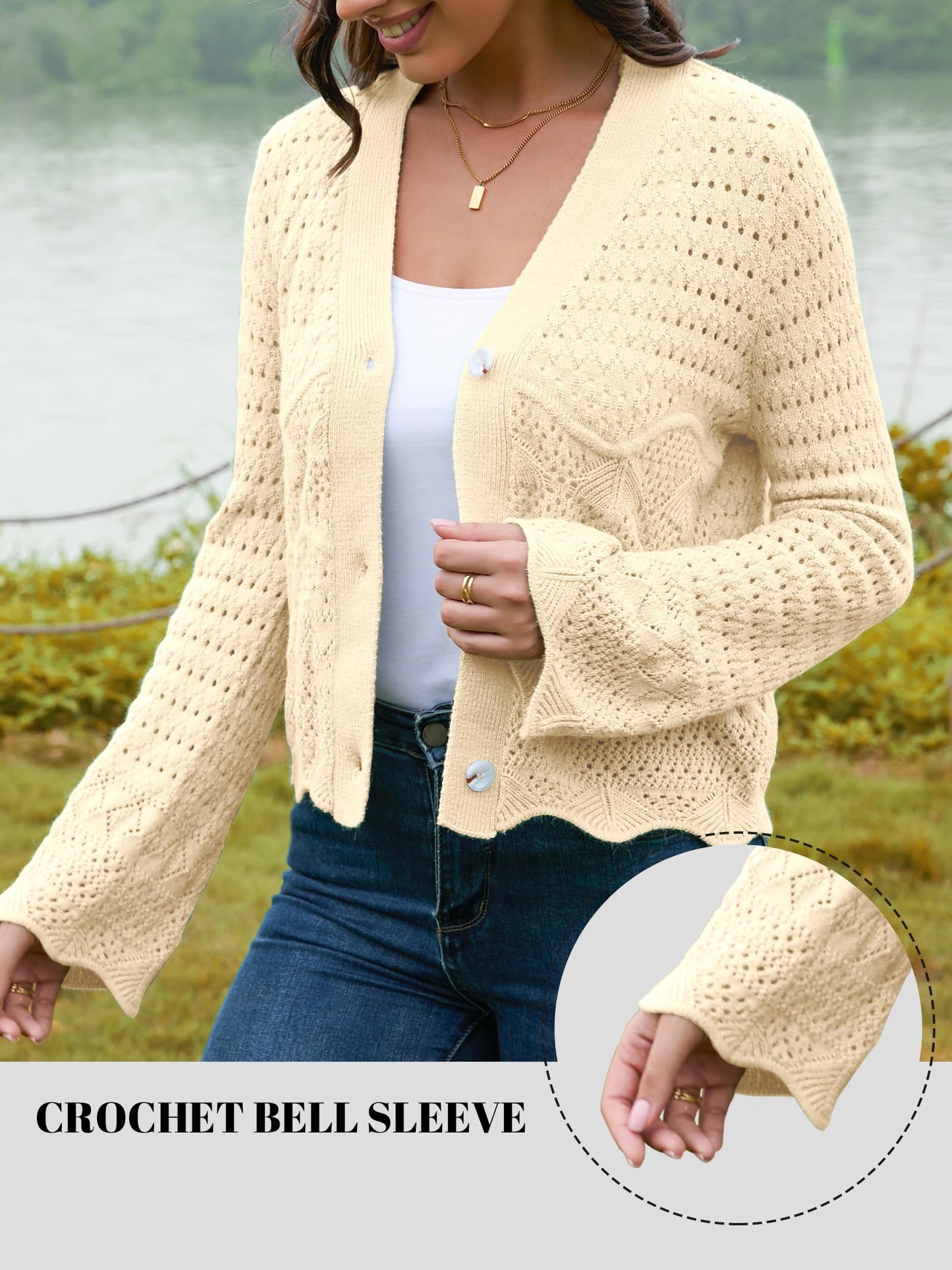 Cropped Cardigan Sweaters Bell Sleeve Crochet Knit Sweater