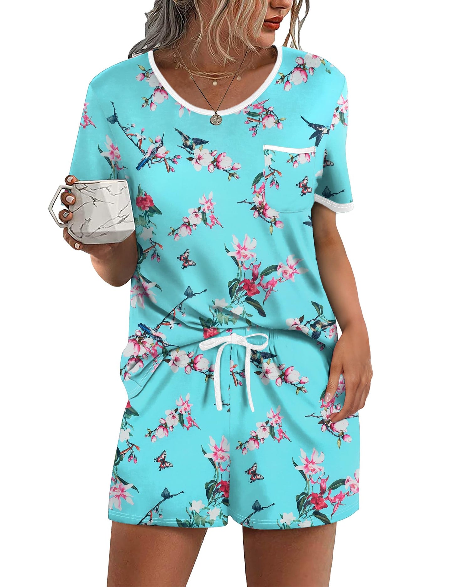 Pajama Set for 2 Piece Lounge Set Short Sleeve Tops and Shorts Soft Sleepwear, Chest Pocket