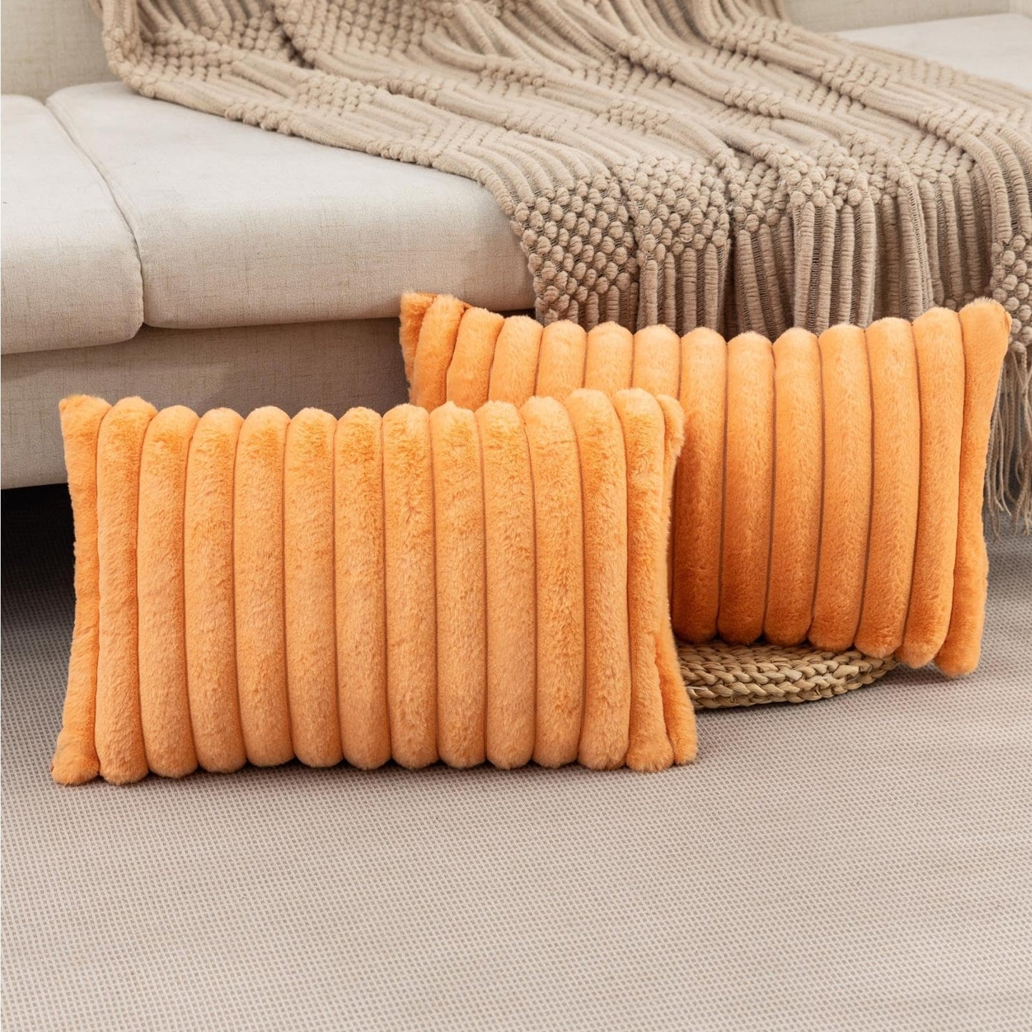 Set of 2 Fluffy Faux Fur Striped Pillow Covers – Decorative Cushion Cases