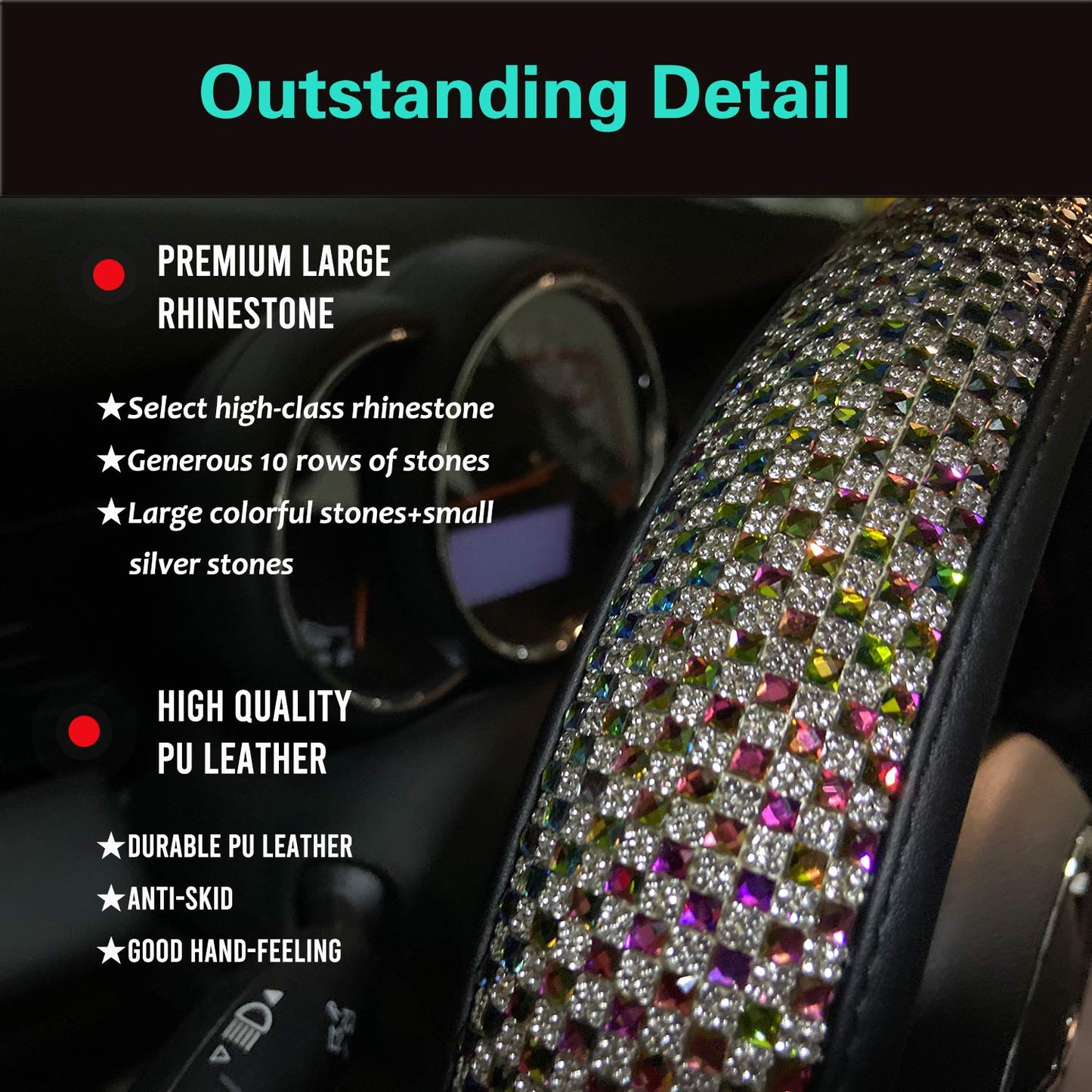 Universal Bling Bling Comfy Steering Wheel Cover with Jumbo Crystal Rhinestones, Anti-Slip Diamond Leather, 14.5-15 Inch