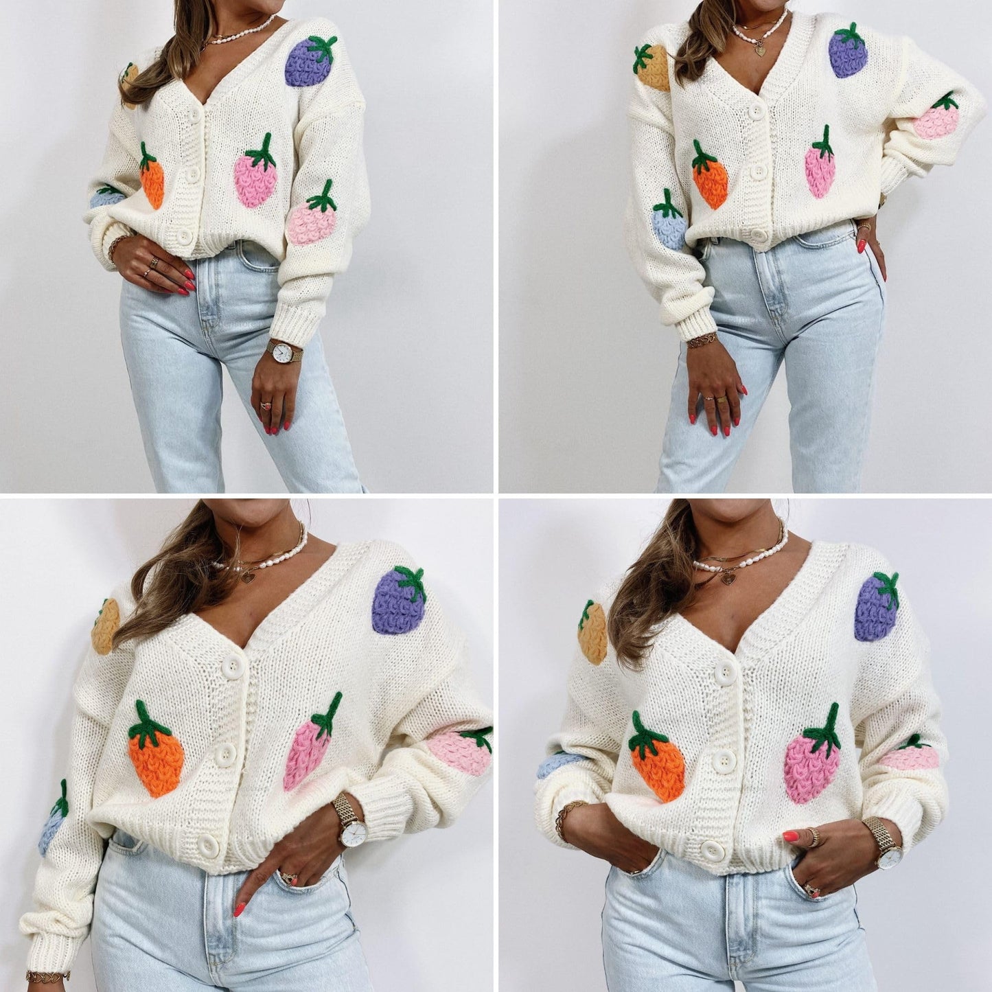 Women’s Kawaii Strawberry Embroidered Cardigan Long Sleeve V Neck Chunky Knitted Cardigans