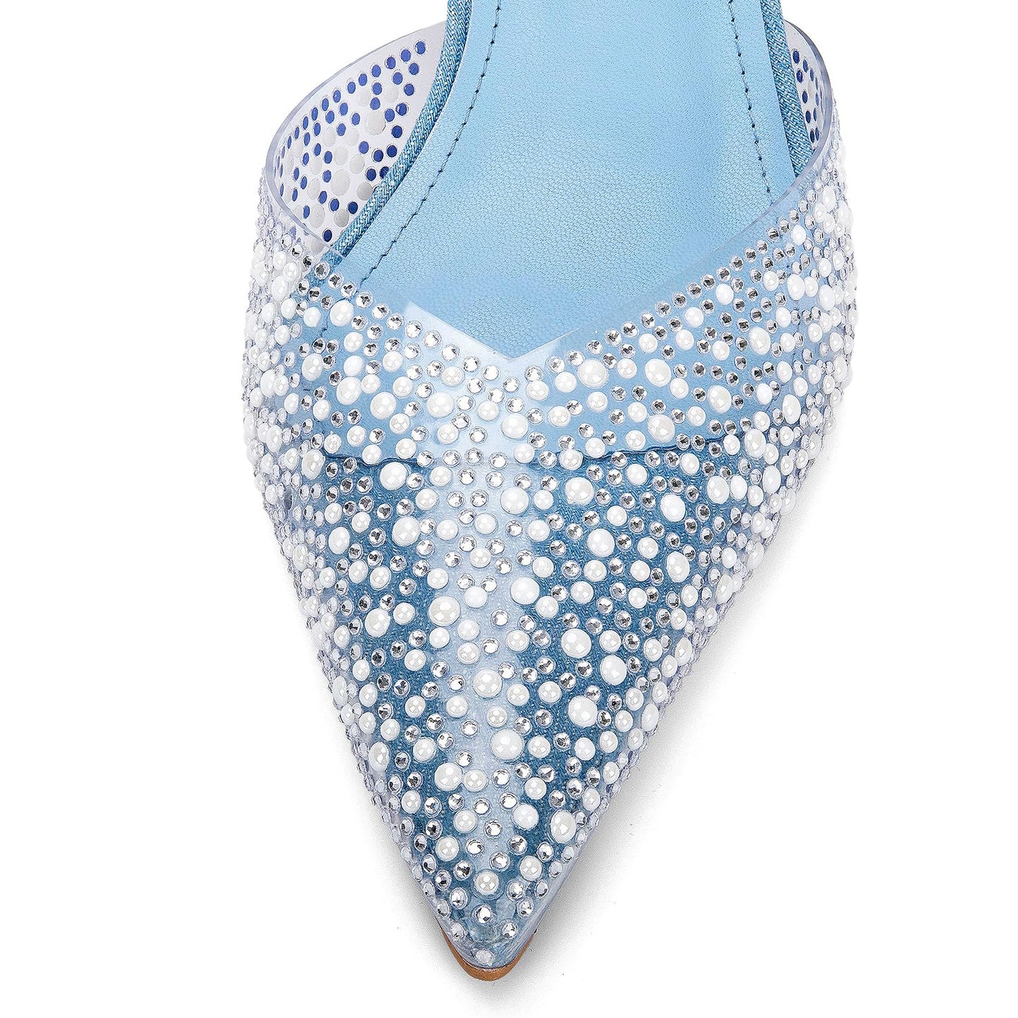 Women's Sparkly Rhinestone Slip On Clear Slingback Kitten Heels with Pearl Studded Pointed Toe