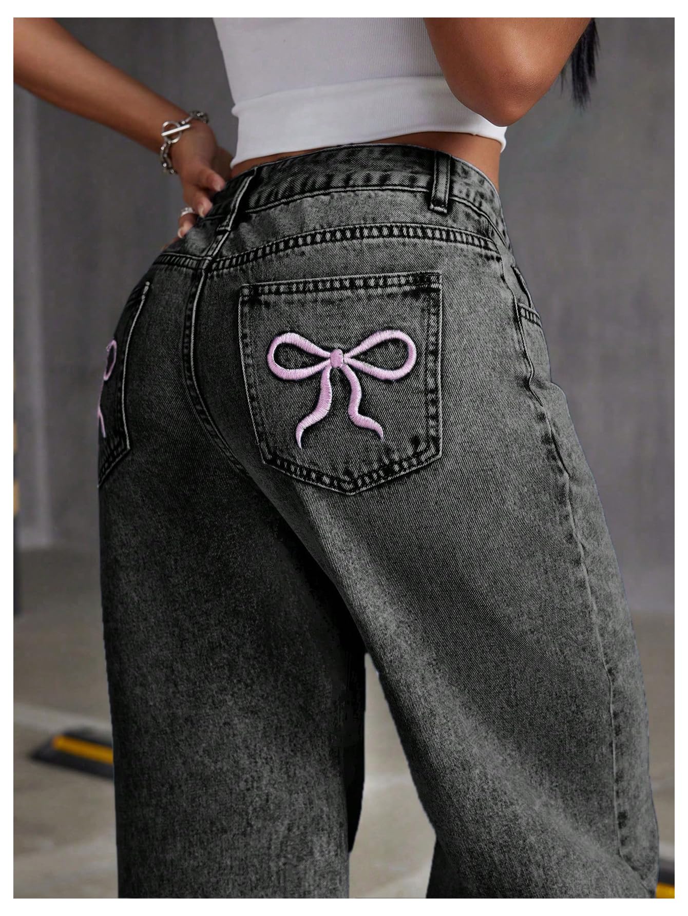 Women's Bowknot Embroidery Jeans - Y2k Straight Leg Boyfriend Denim Pants